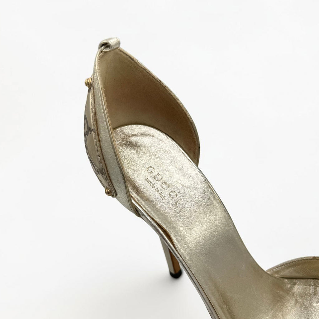 Gucci Vintage Metallic Gold Monogram Peep-Toe Heels