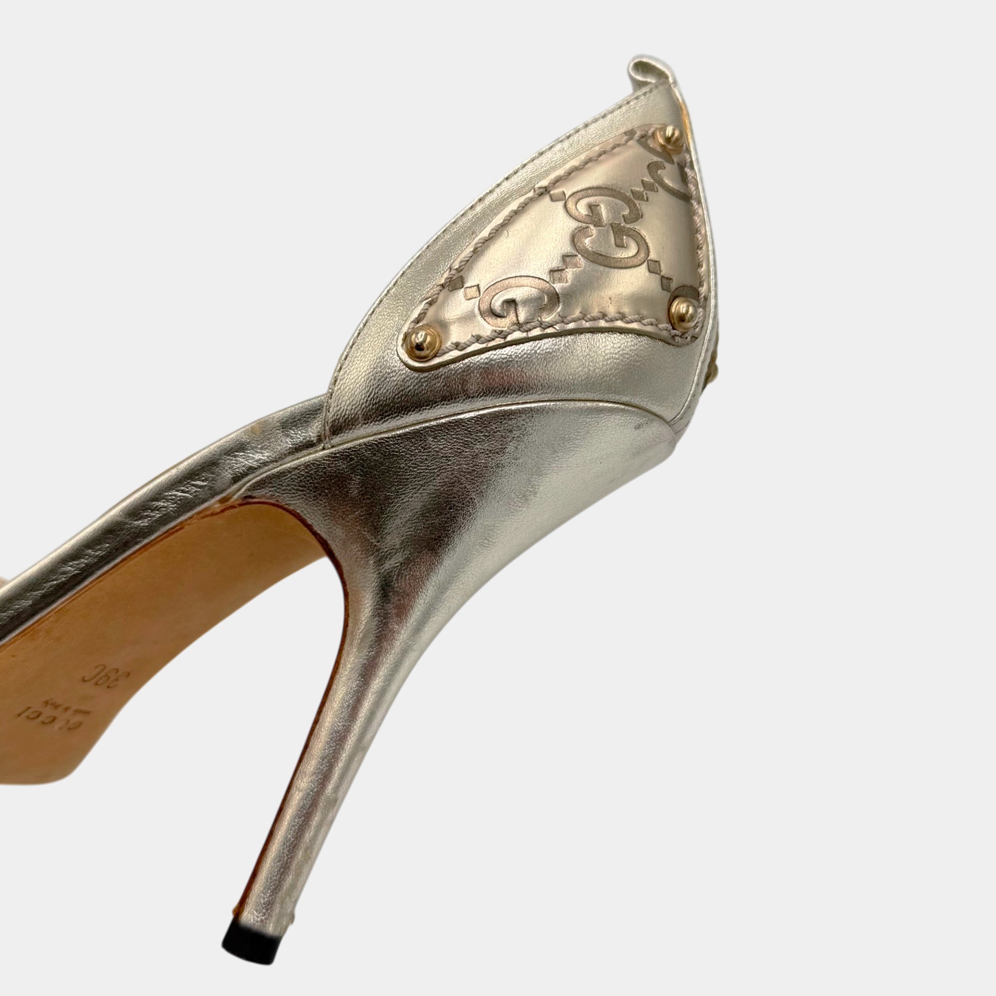 Gucci Vintage Metallic Gold Monogram Peep-Toe Heels
