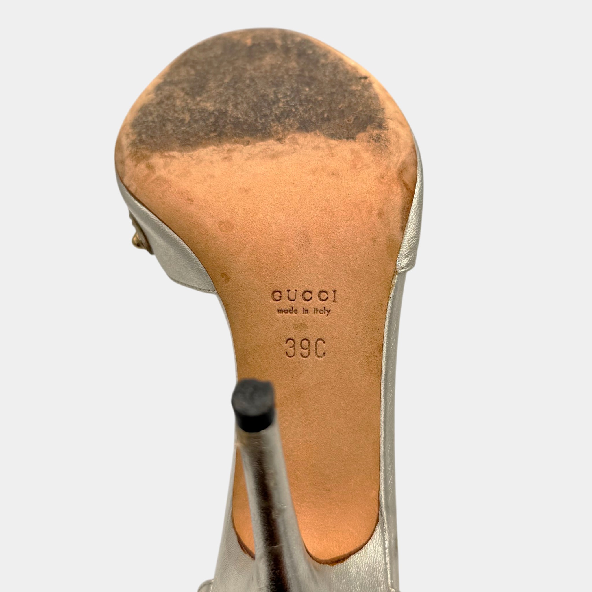 Gucci Vintage Metallic Gold Monogram Peep-Toe Heels