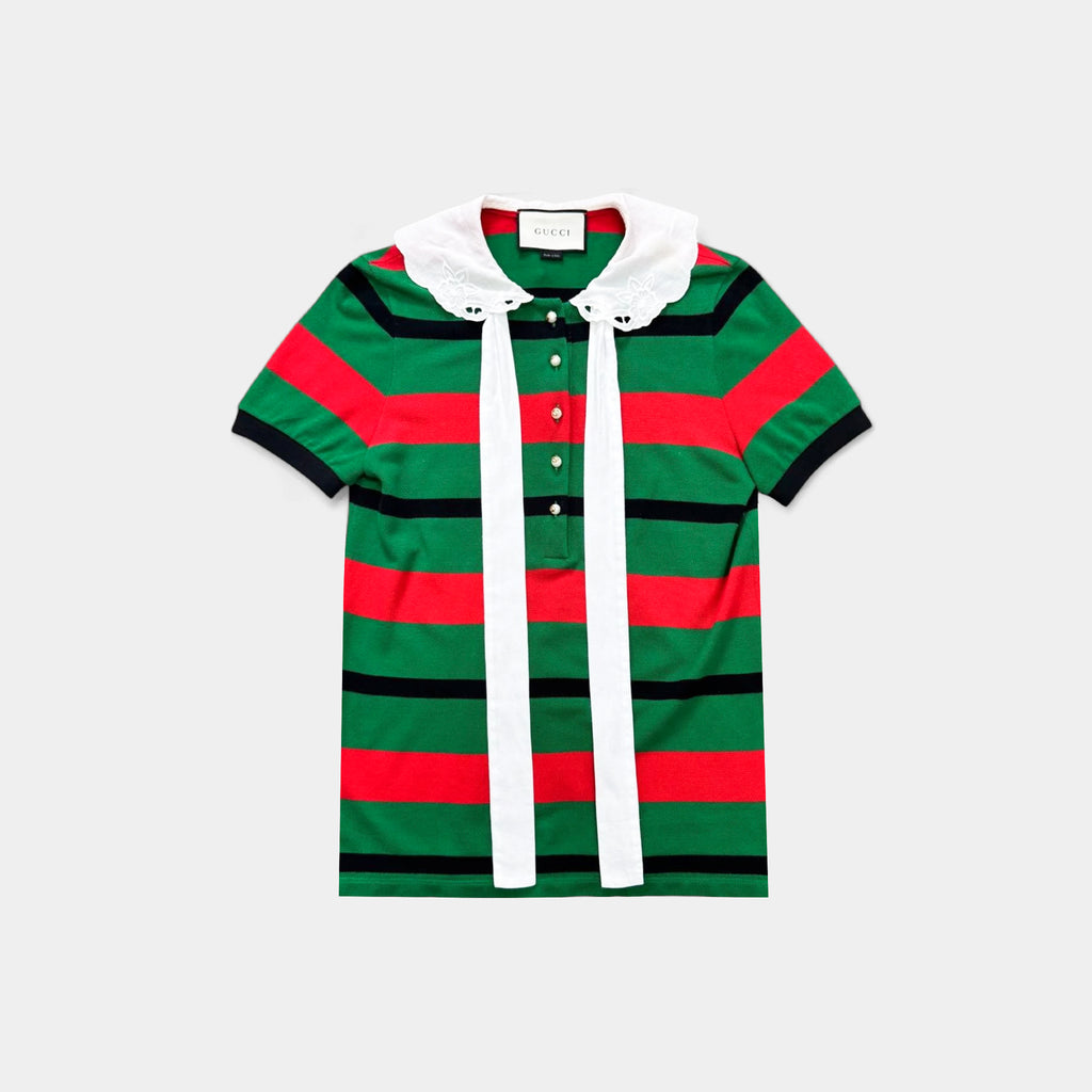 Gucci Green & Red Web Stripe Embroidered Lace Collar Polo Shirt