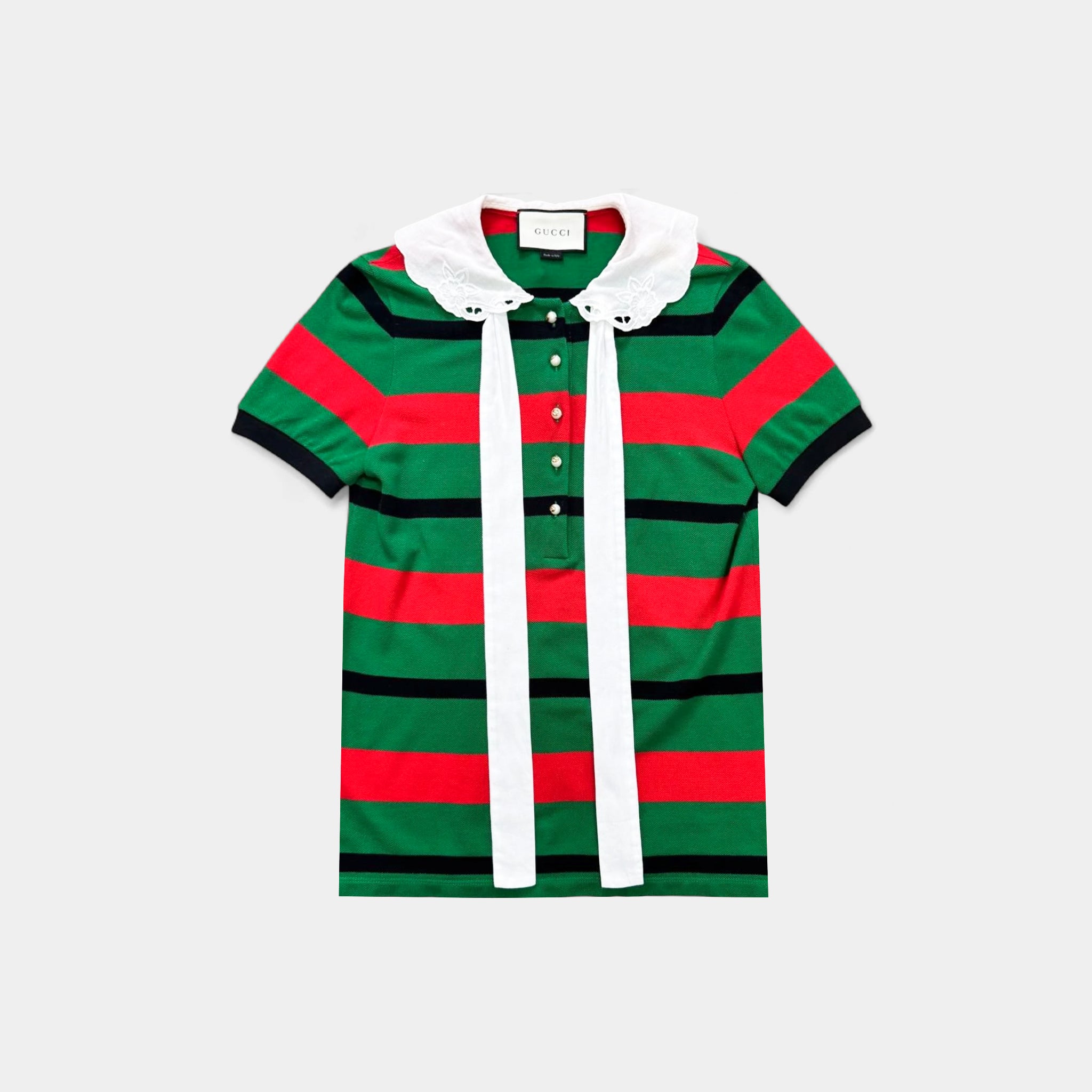 Gucci Green & Red Web Stripe Embroidered Lace Collar Polo Shirt