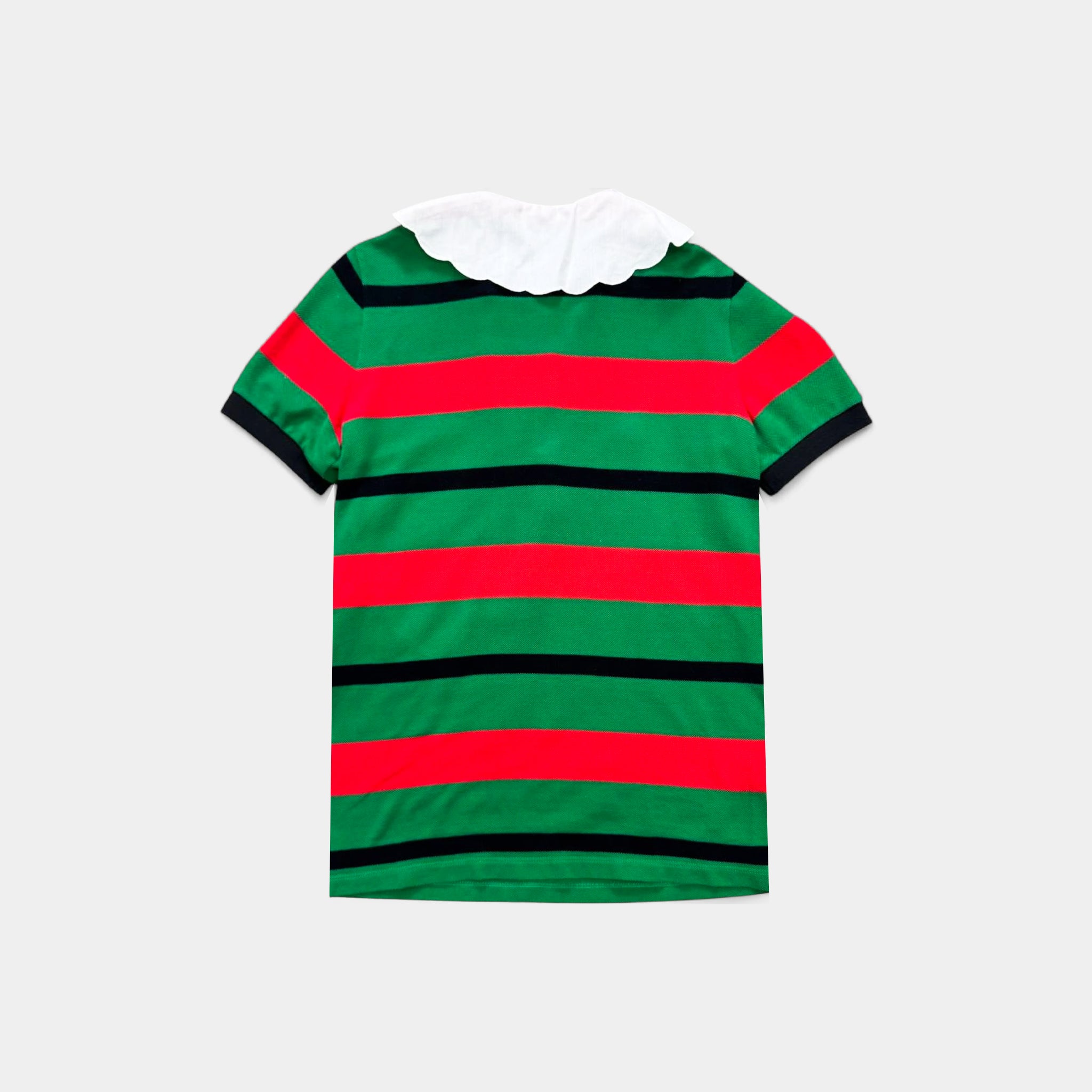 Gucci Green & Red Web Stripe Embroidered Lace Collar Polo Shirt