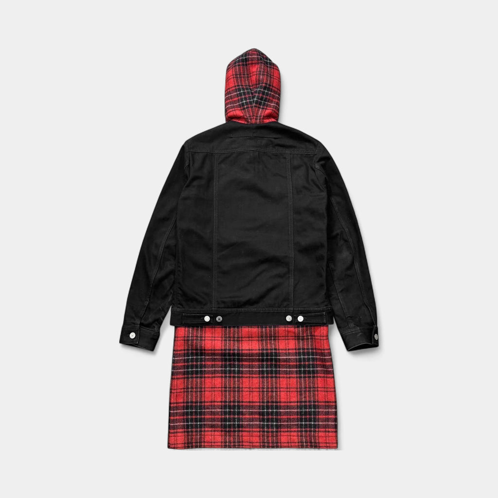 Givenchy FW15 Layered Black Denim and Red Tartan Hooded Coat