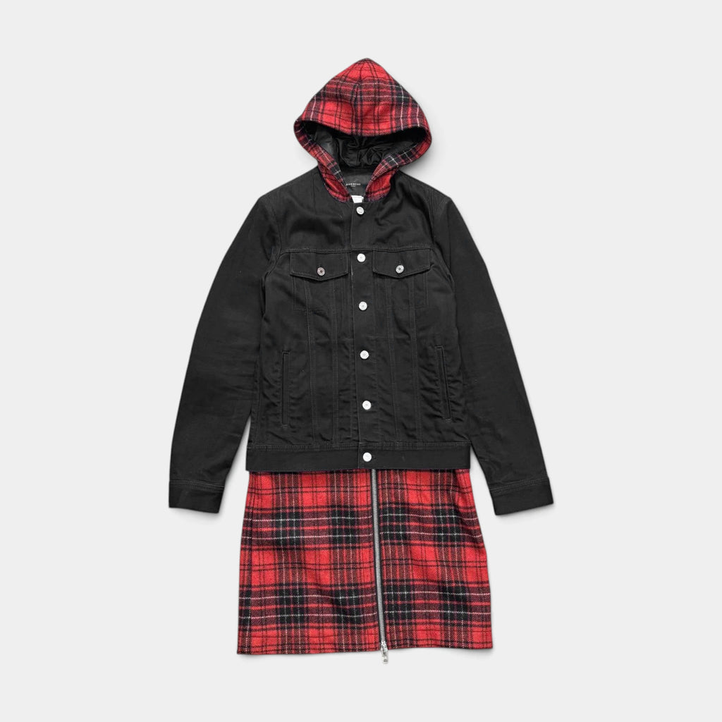 Givenchy FW15 Layered Black Denim and Red Tartan Hooded Coat