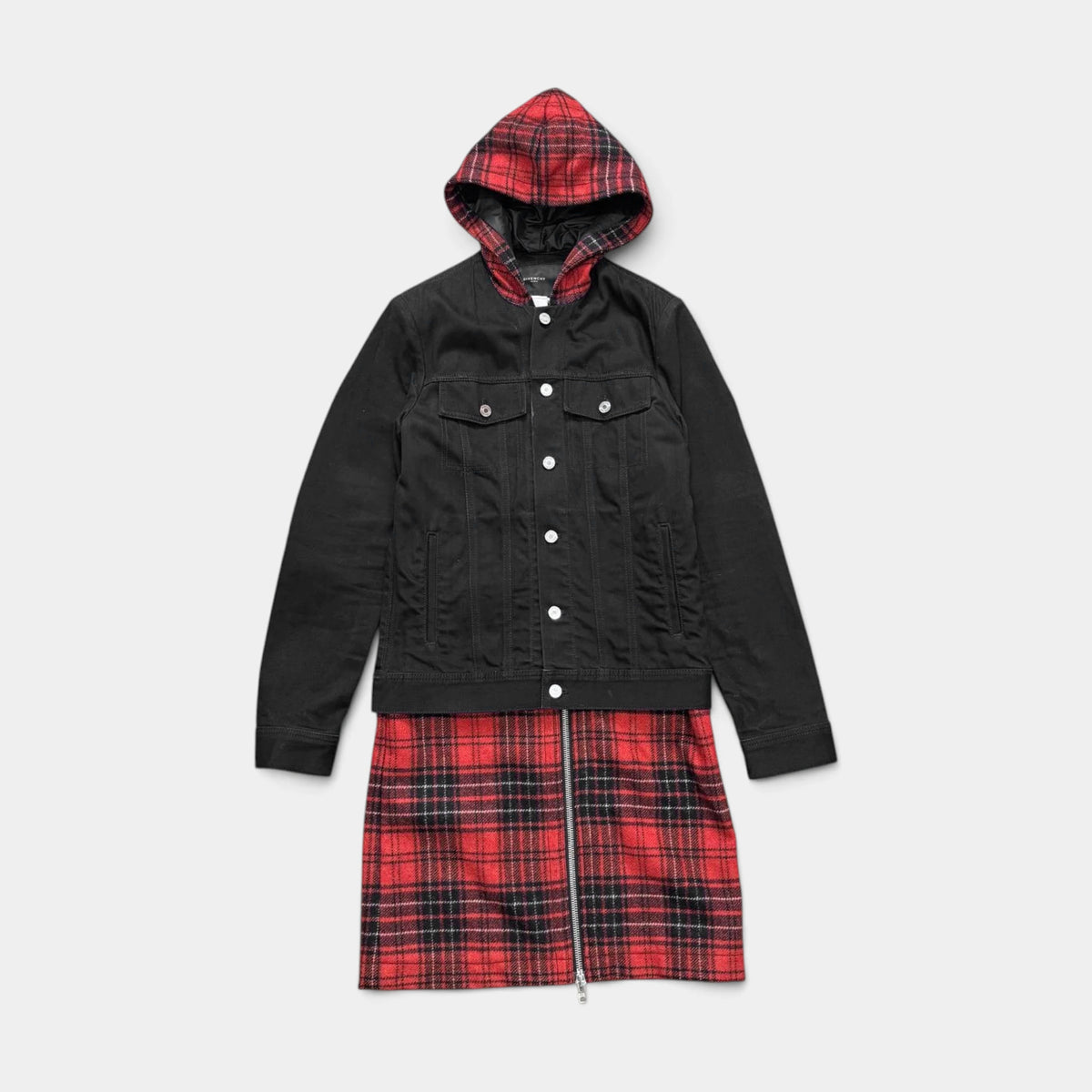 Givenchy FW15 Layered Black Denim and Red Tartan Hooded Coat