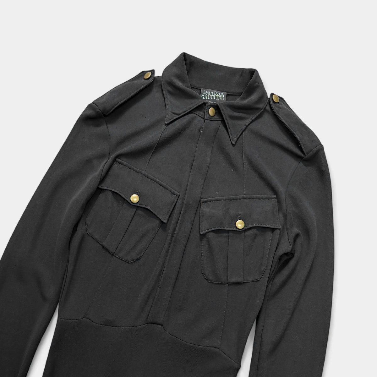Jean Paul Gaultier 90s Black Military Epaulette Long-Sleeve Shirt Dress