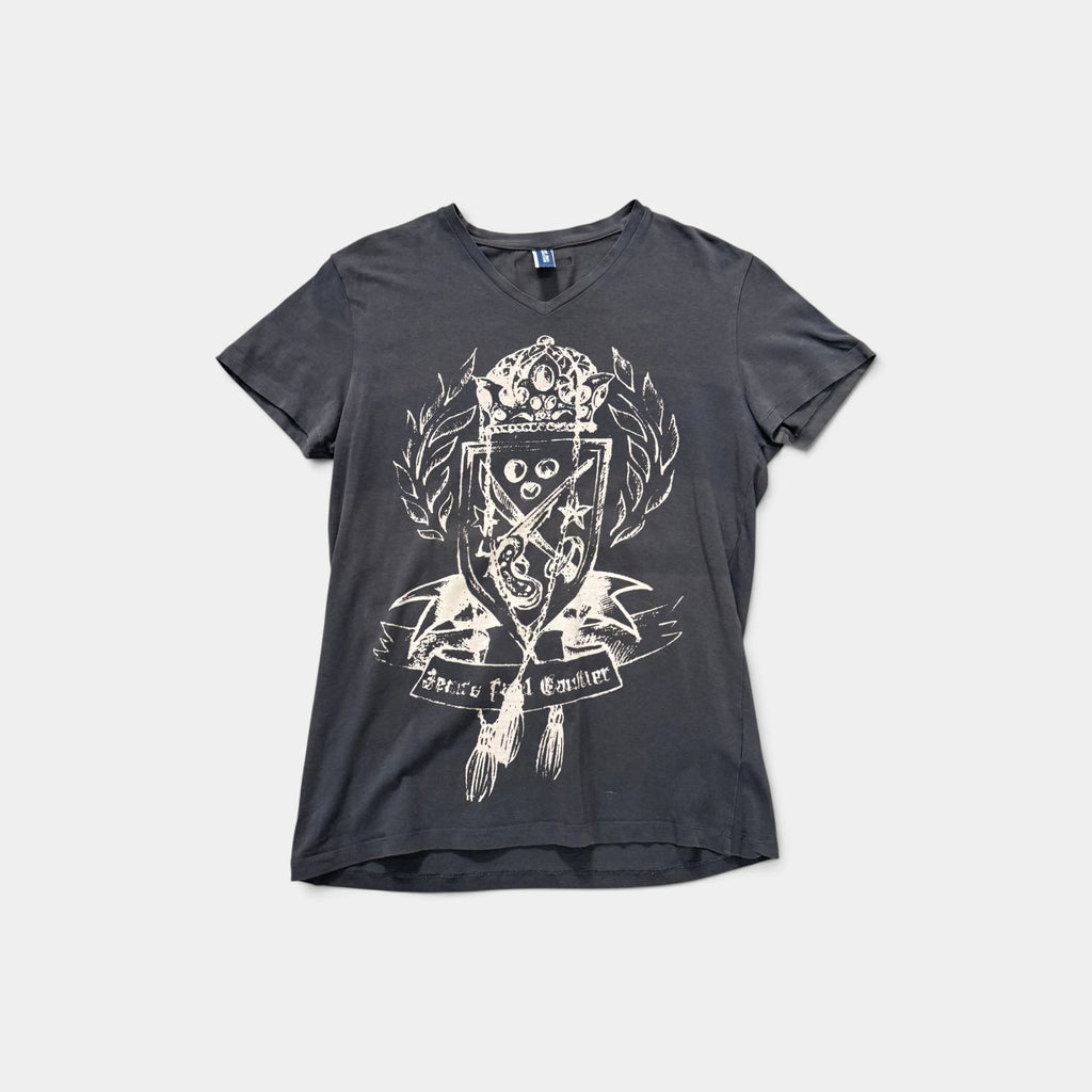 Jean Paul Gaultier Heraldic Crest V-Neck Grey Cotton T-Shirt