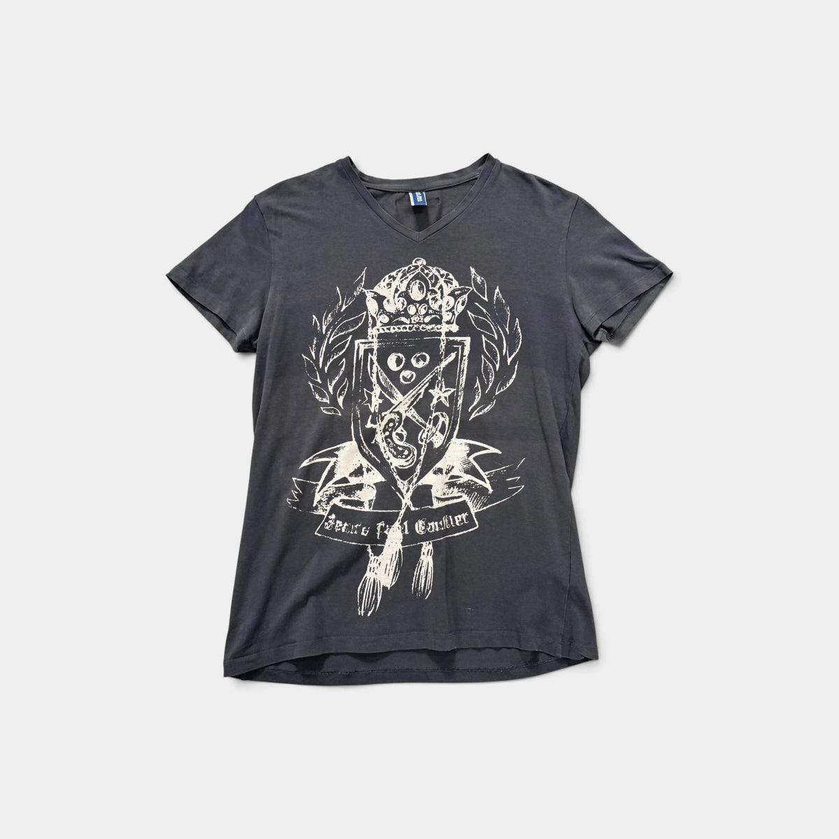 Jean Paul Gaultier Heraldic Crest V-Neck Grey Cotton T-Shirt