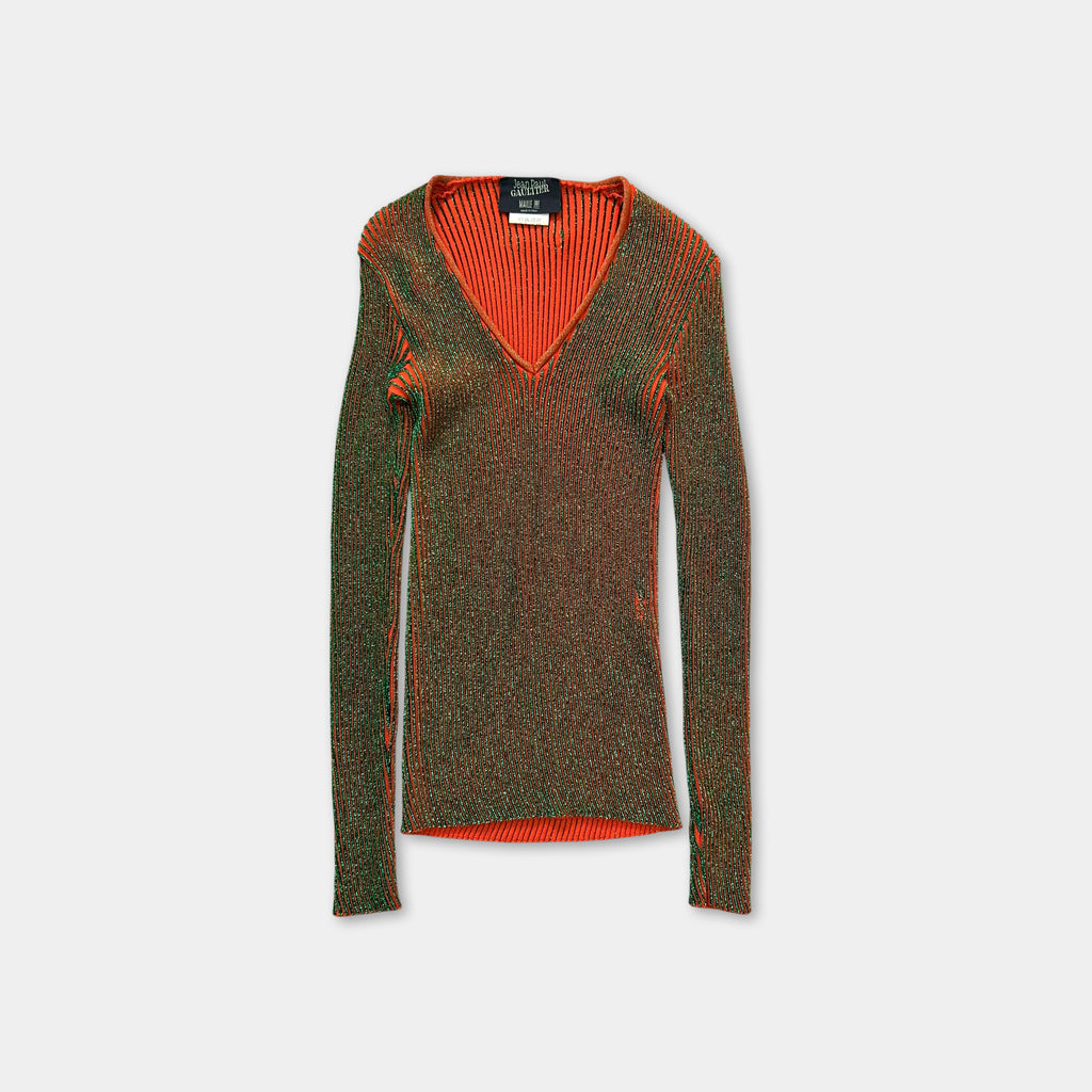 Jean Paul Gaultier Maille Iridescent Ribbed Knit V-Neck Sweater