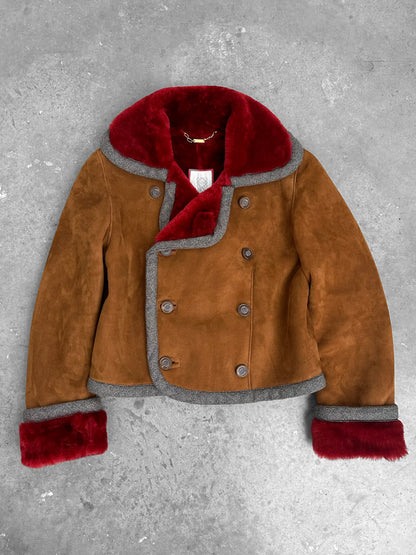 Loewe Red and Brown Lamb Leather and Fur 90's Cropped Coat (XS)