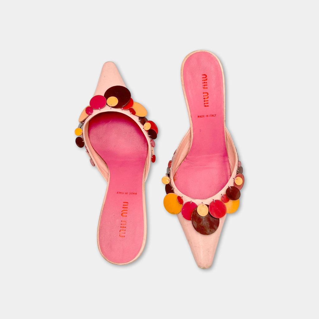 Miu Miu Sequin Pointed-Toe Kitten Heel Mules