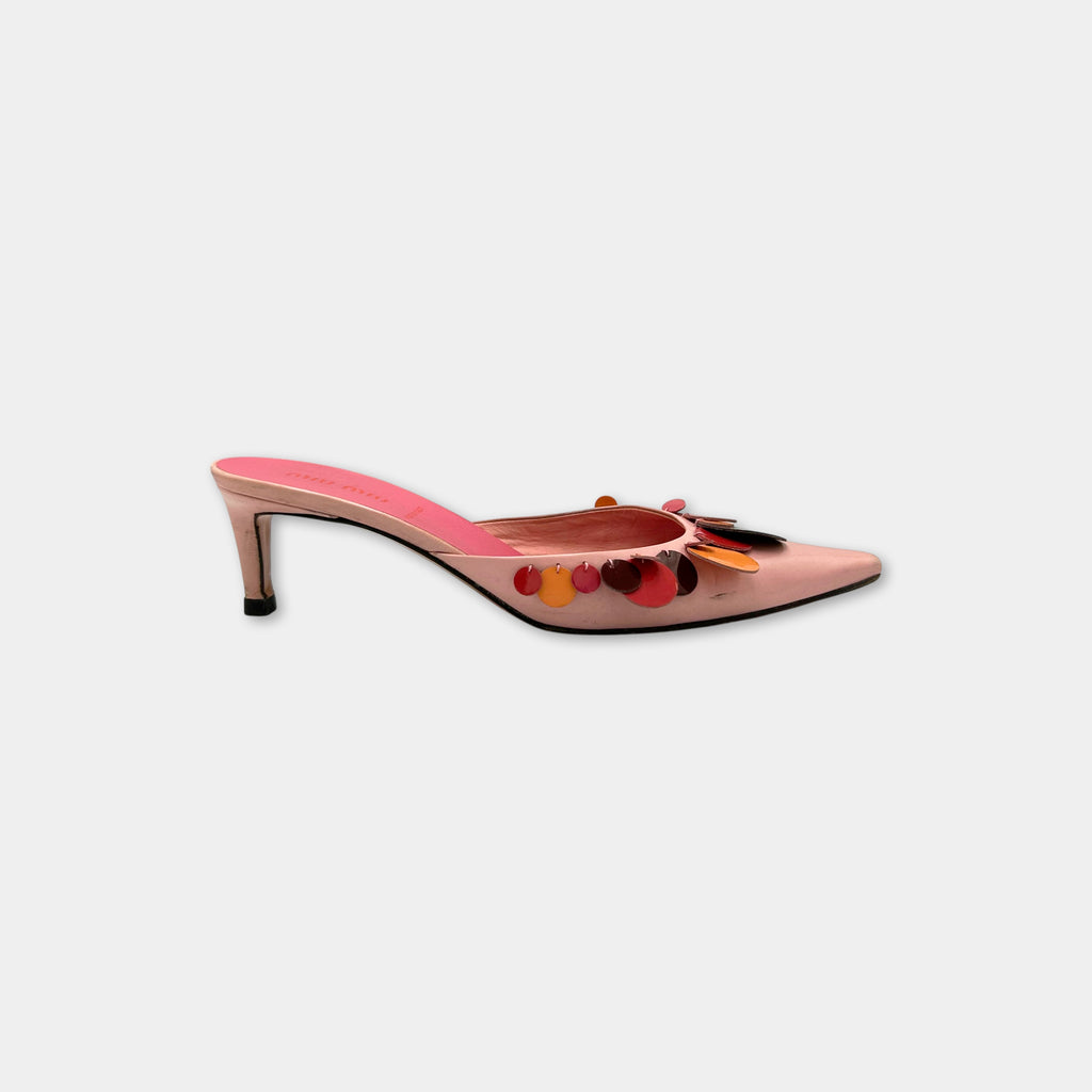 Miu Miu Sequin Pointed-Toe Kitten Heel Mules
