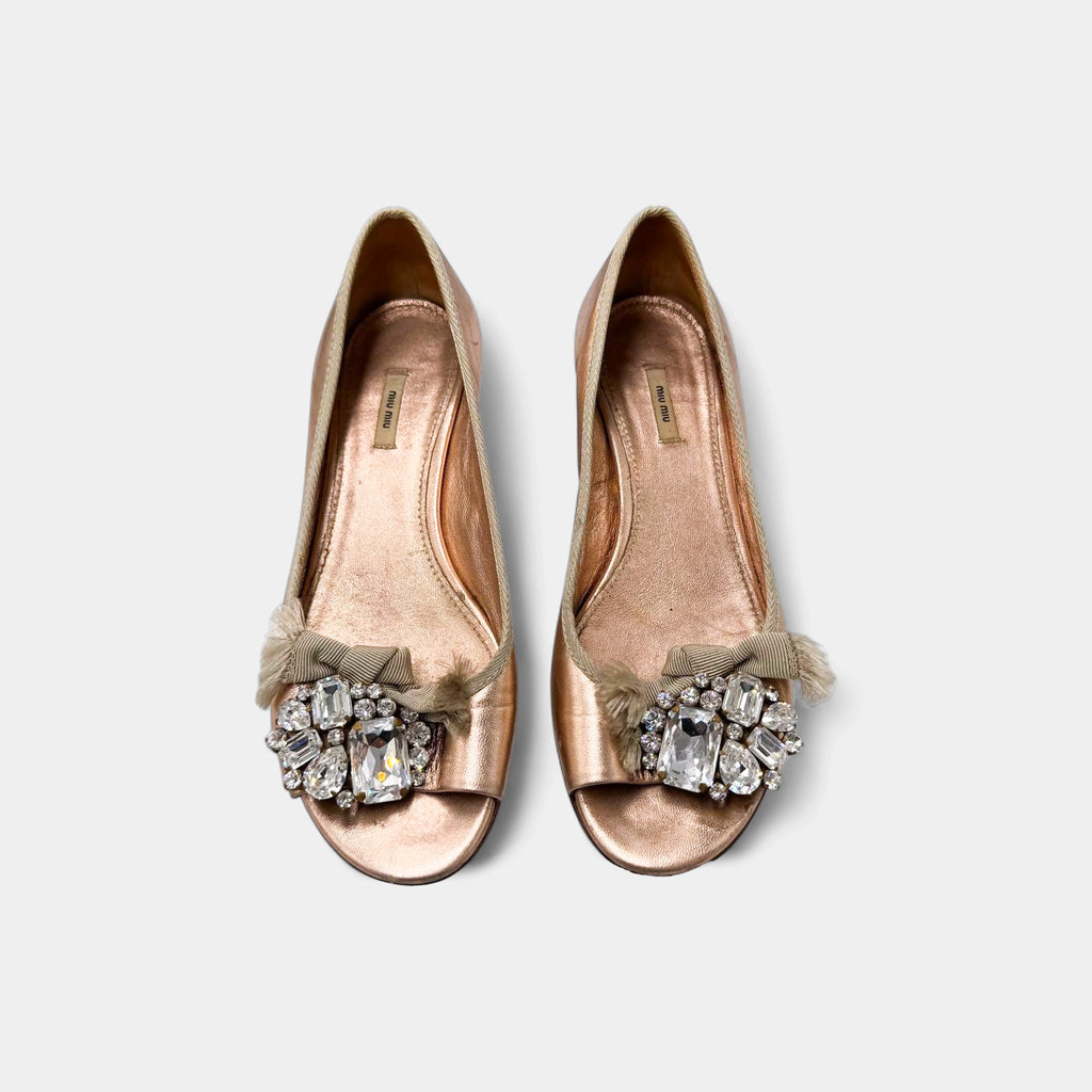 Miu Miu Metallic Rose Gold Crystal Bow Peep-Toe Kitten Heels