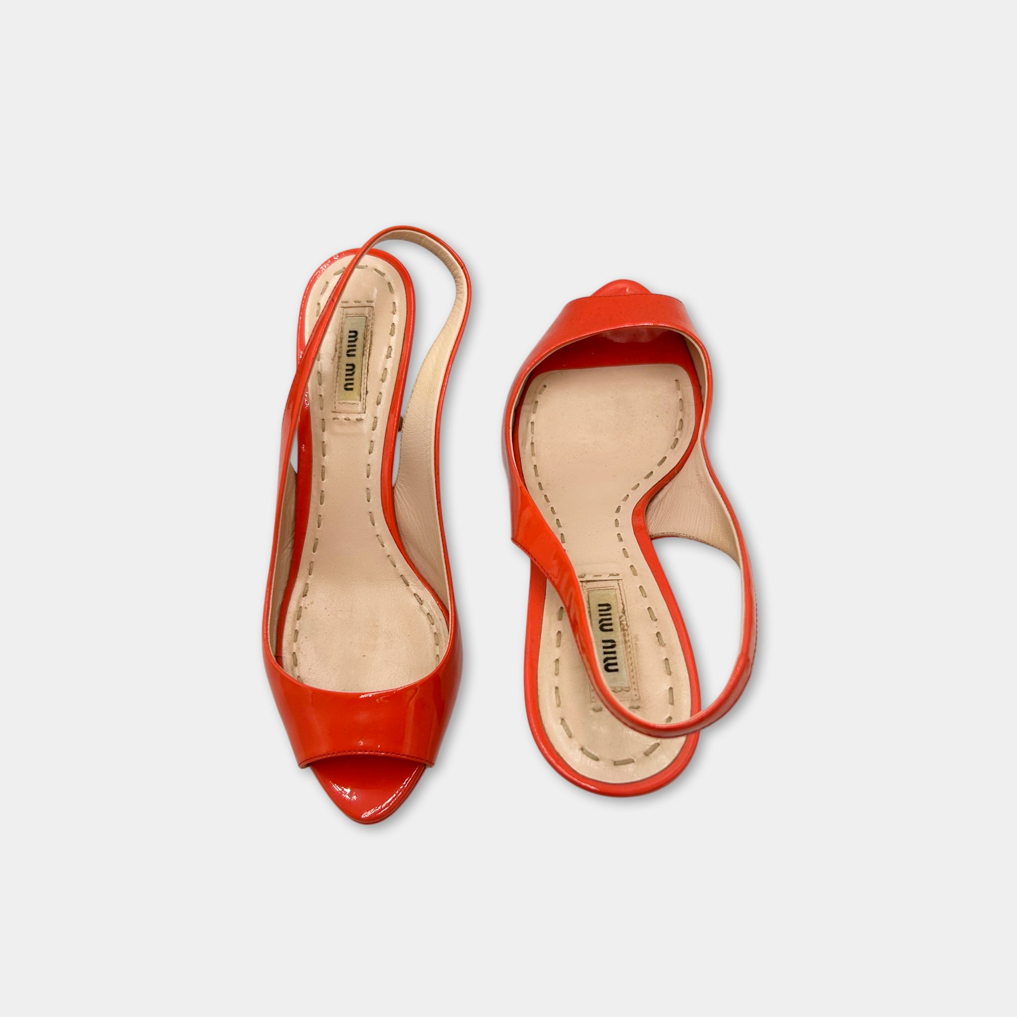 Miu Miu Orange Patent Leather Peep-Toe Slingbacks
