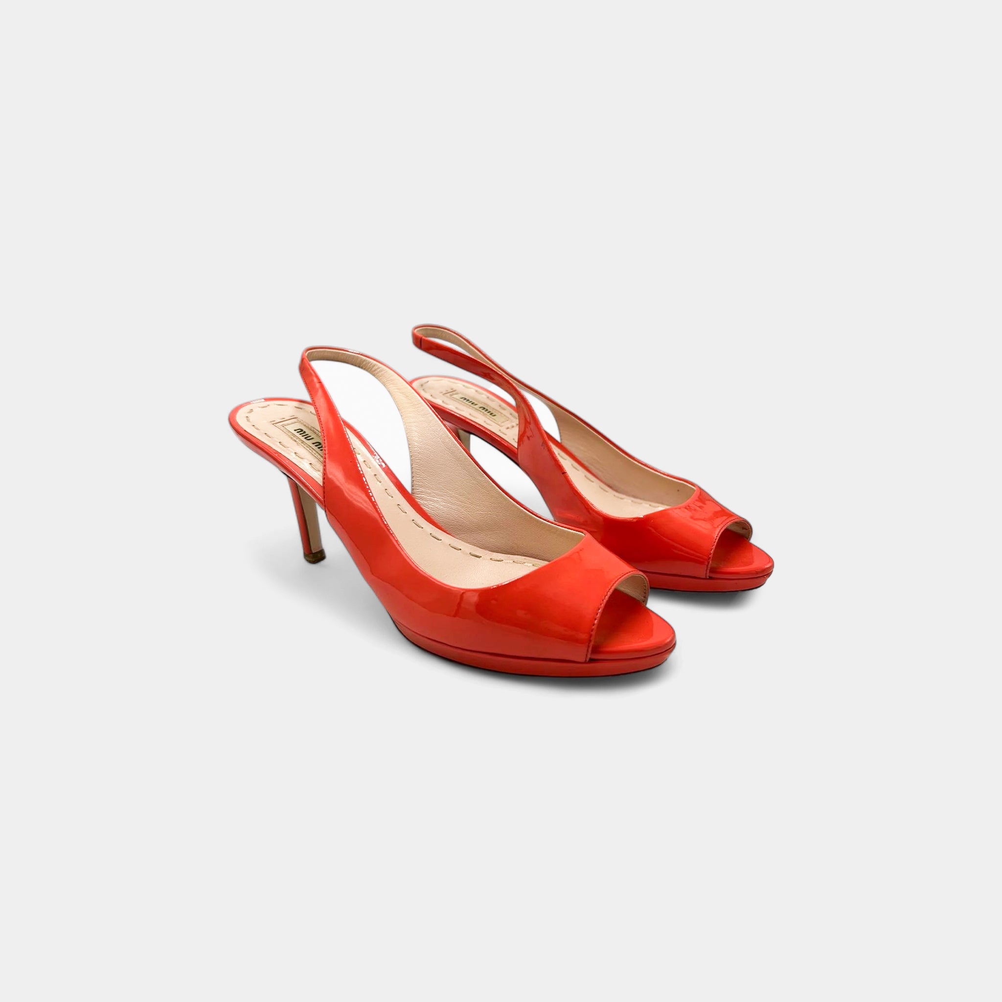 Miu Miu Orange Patent Leather Peep-Toe Slingbacks