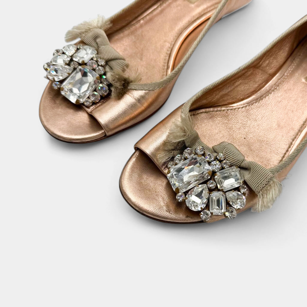 Miu Miu Metallic Rose Gold Crystal Bow Peep-Toe Kitten Heels