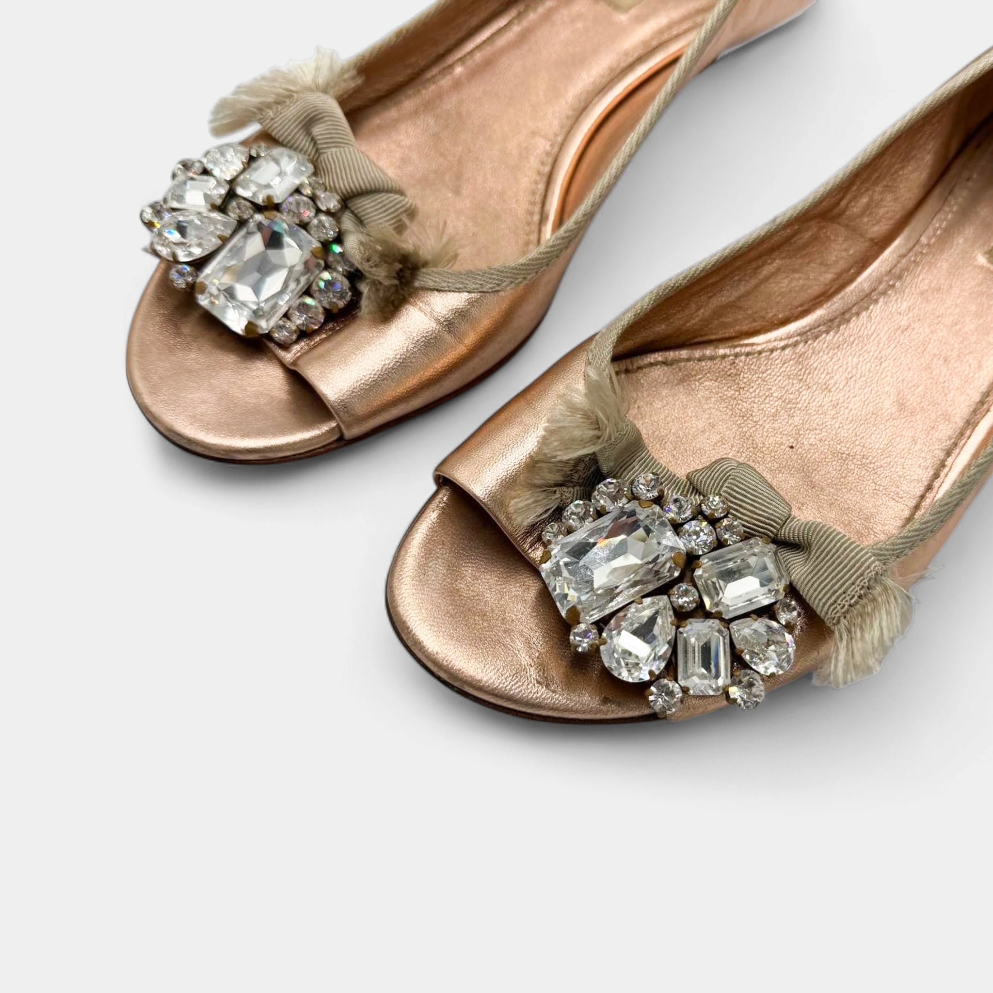 Miu Miu Metallic Rose Gold Crystal Bow Peep-Toe Kitten Heels