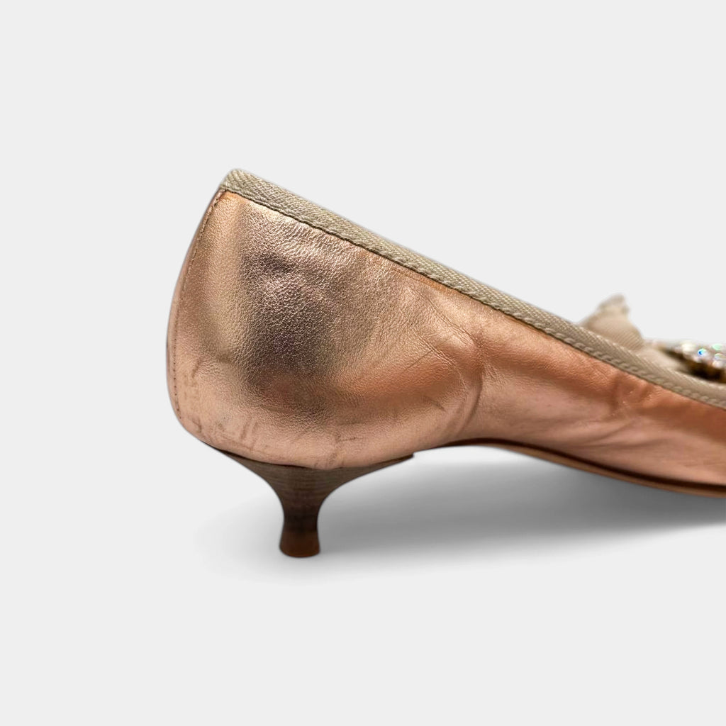 Miu Miu Metallic Rose Gold Crystal Bow Peep-Toe Kitten Heels