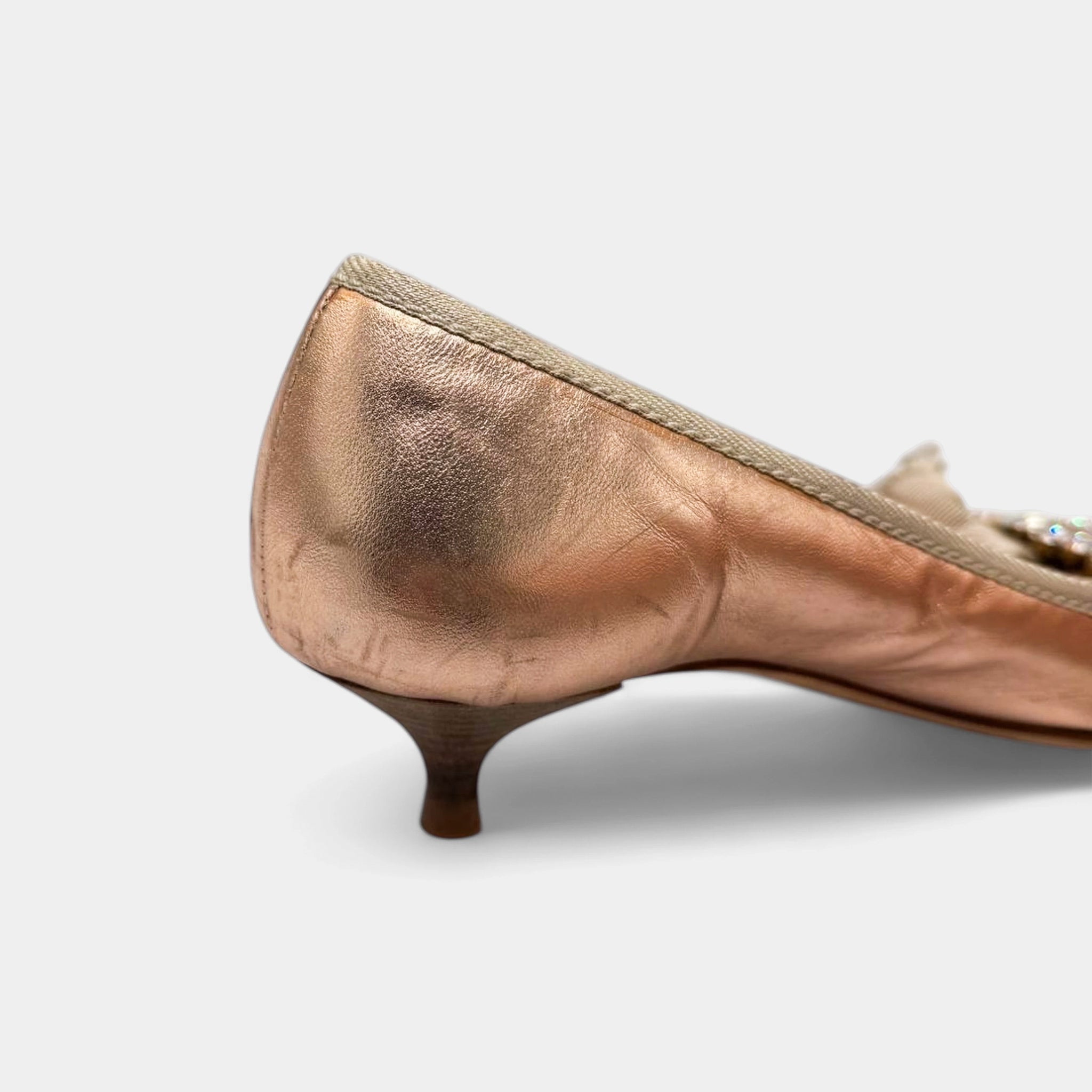 Miu Miu Metallic Rose Gold Crystal Bow Peep-Toe Kitten Heels