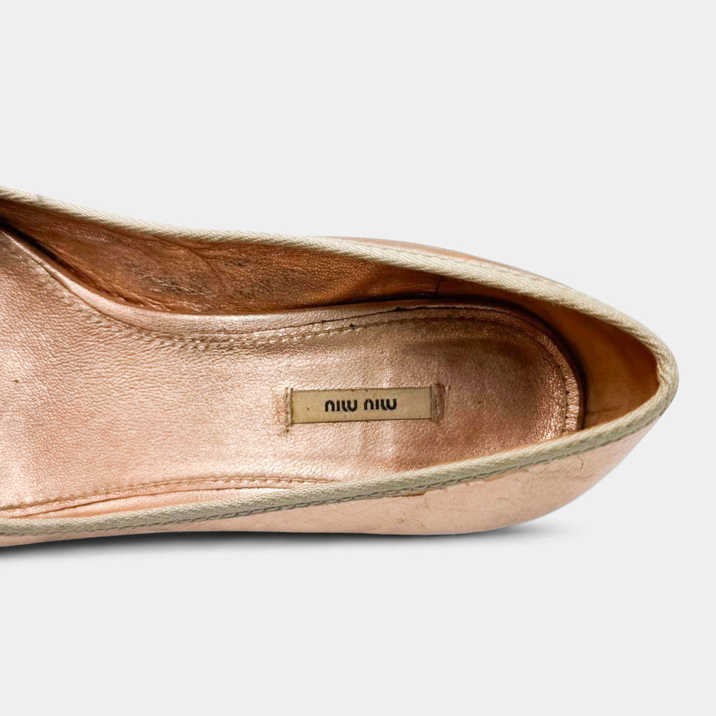Miu Miu Metallic Rose Gold Crystal Bow Peep-Toe Kitten Heels