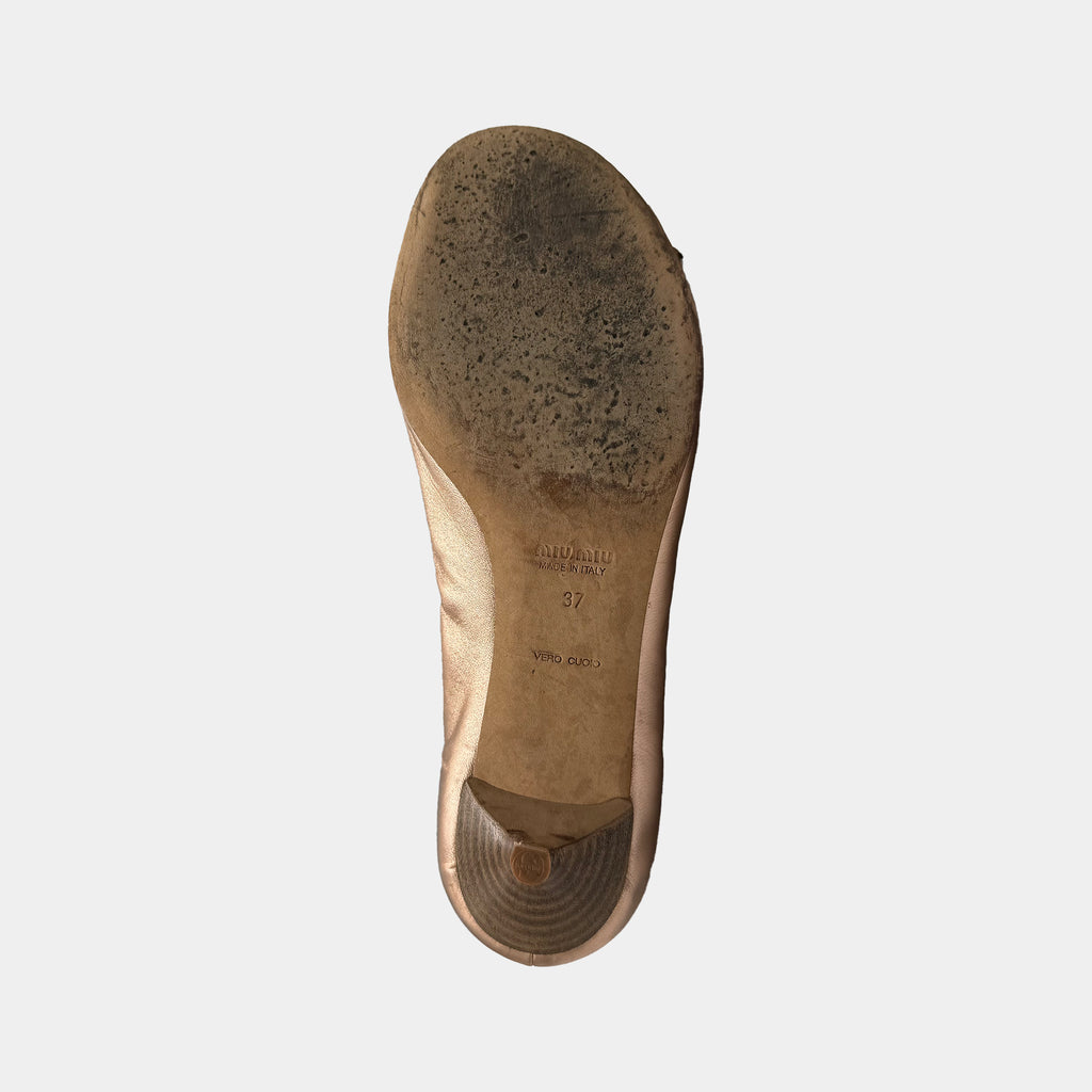 Miu Miu Metallic Rose Gold Crystal Bow Peep-Toe Kitten Heels