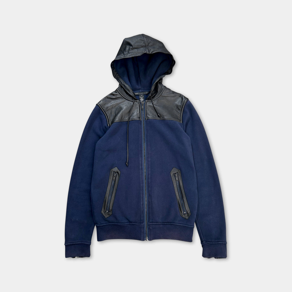 Marc Jacobs Leather Hooded Navy Blue Sweatshirt Jacket