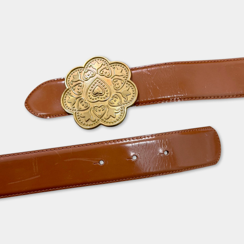 Moschino Vintage Cognac Leather Ornate Gold Heart Rosette Belt
