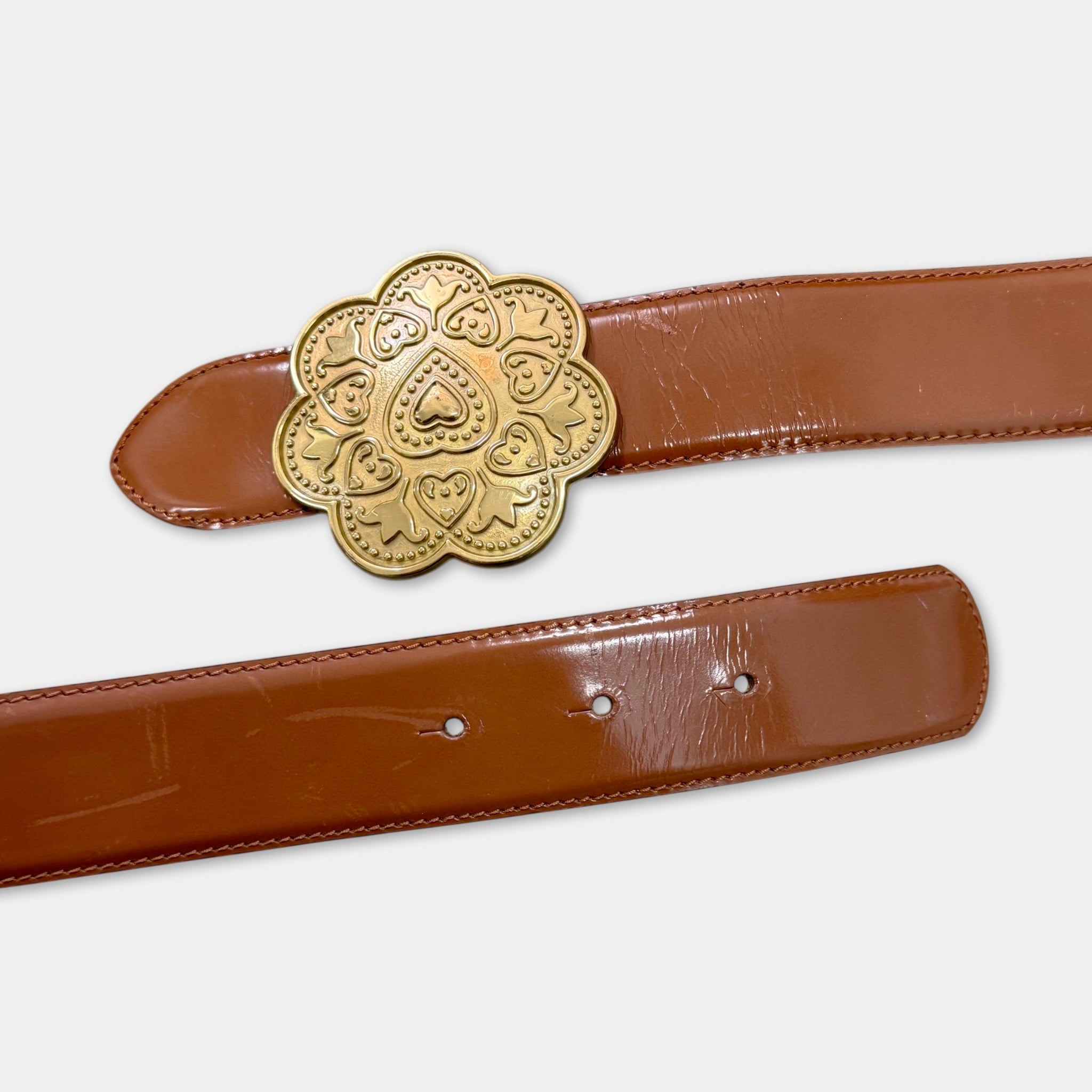 Moschino Vintage Cognac Leather Ornate Gold Heart Rosette Belt