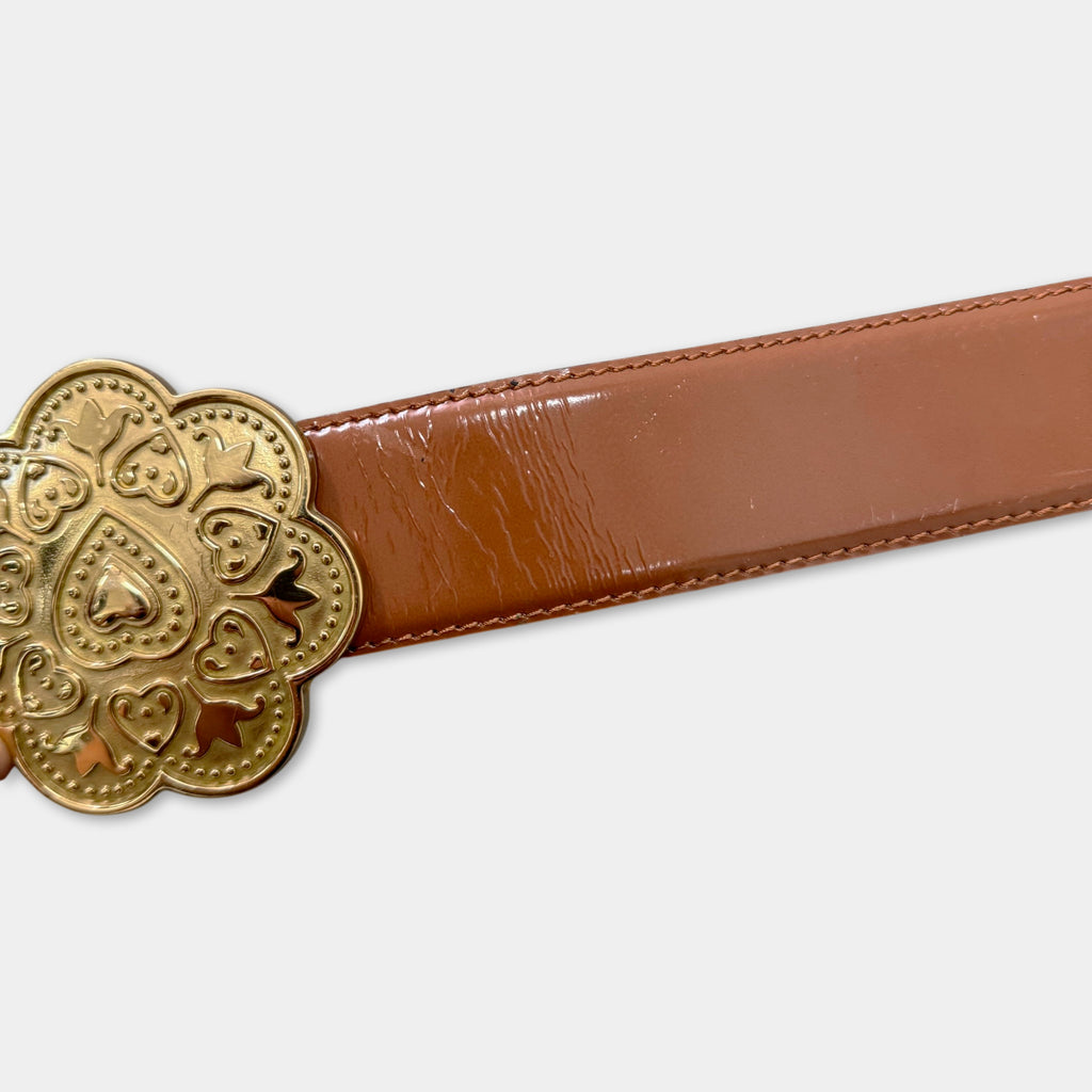 Moschino Vintage Cognac Leather Ornate Gold Heart Rosette Belt