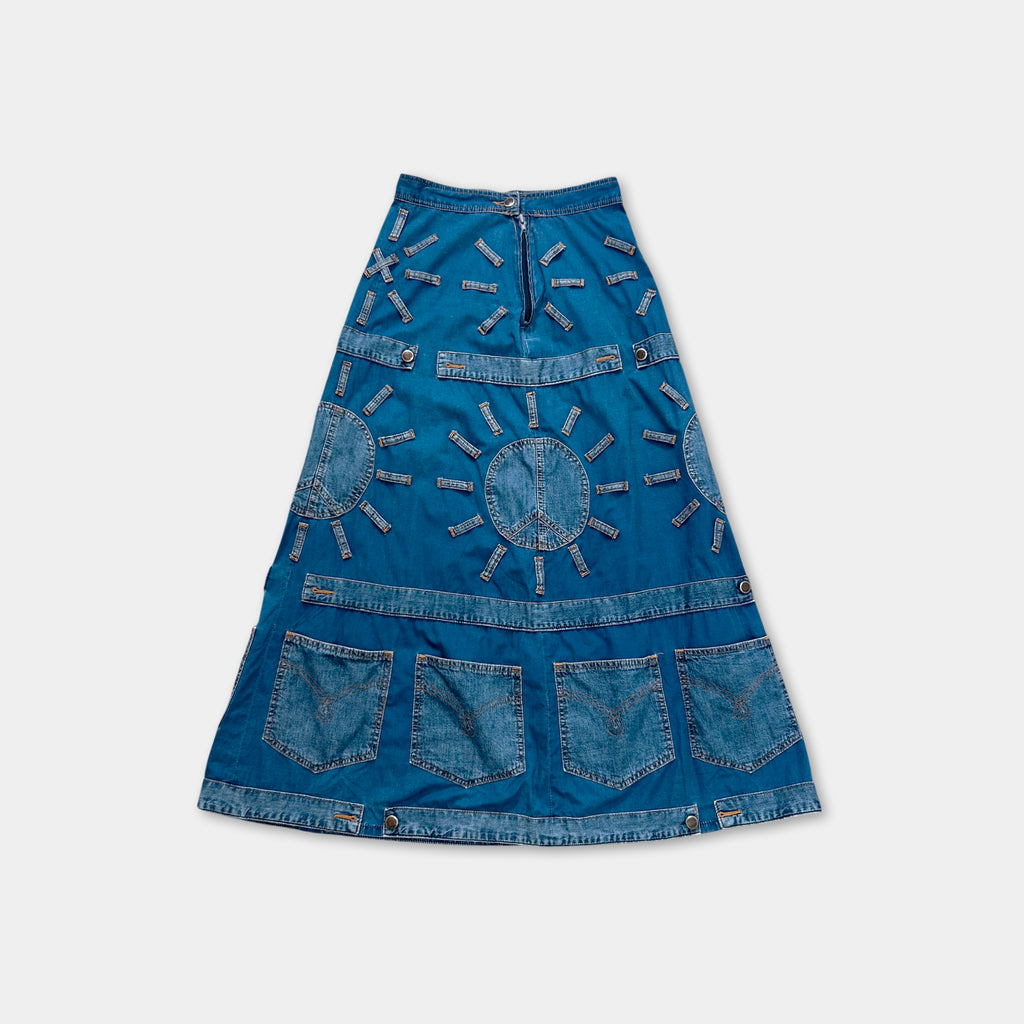Moschino 1990s Sunburst Denim Patchwork Long Skirt