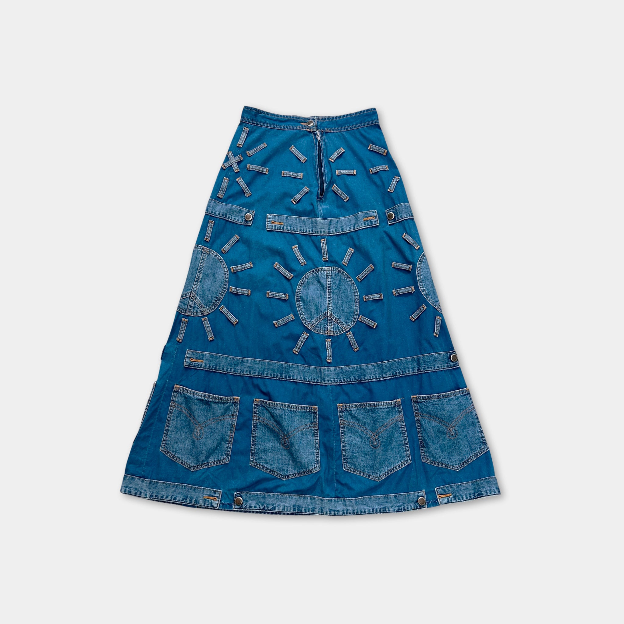 Moschino 1990s Sunburst Denim Patchwork Long Skirt