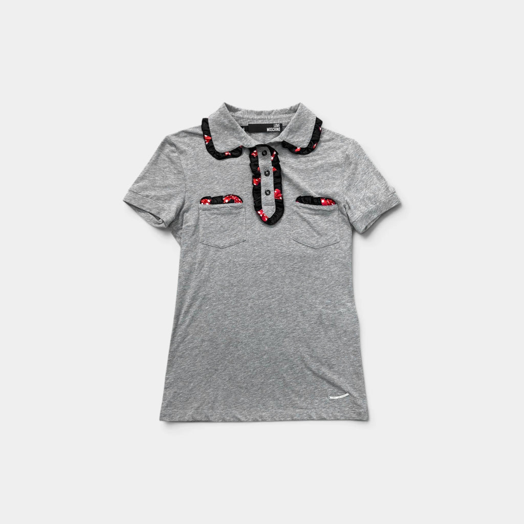 Love Moschino Grey Cotton Polo Shirt with Ruffled Flamenco Trim