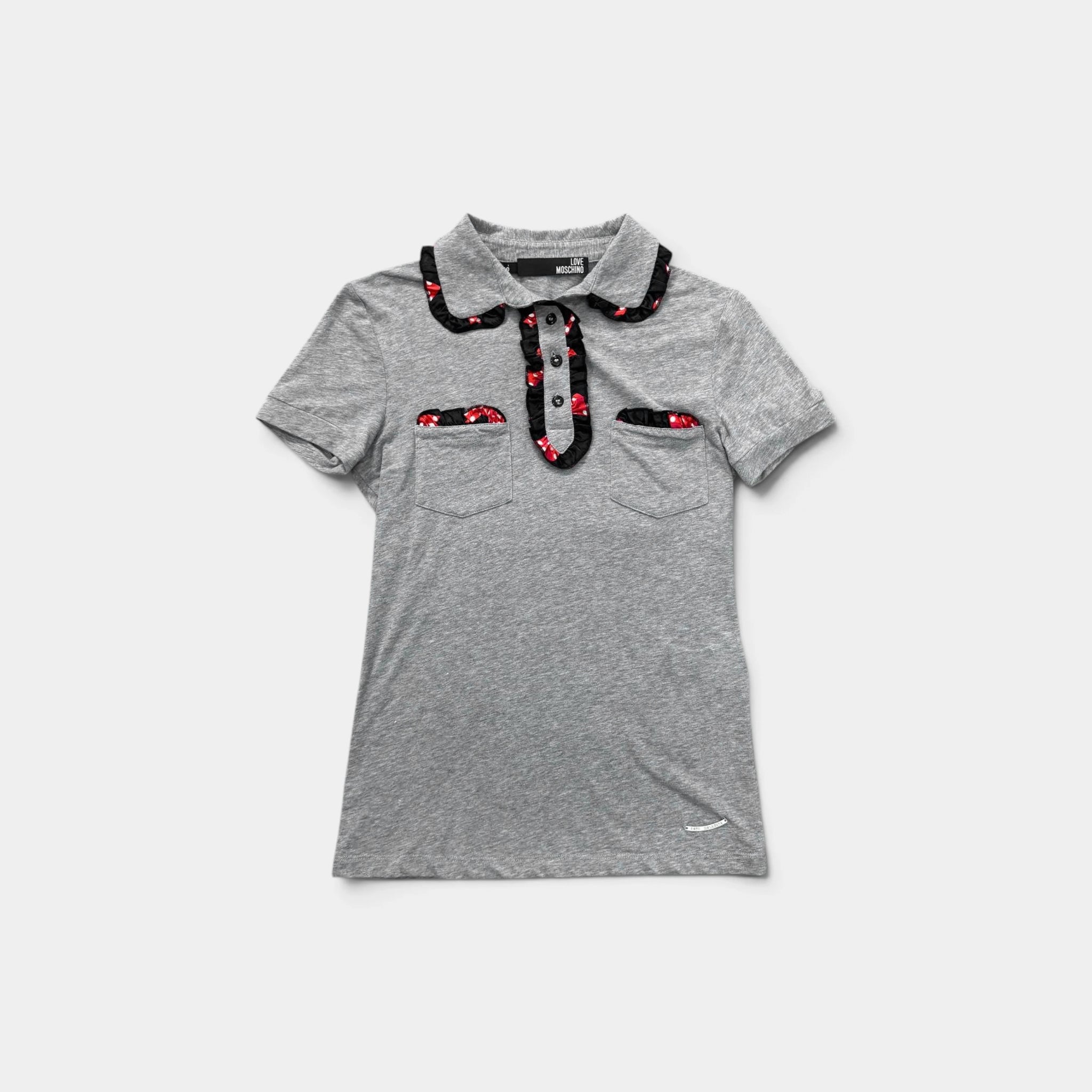 Love Moschino Grey Cotton Polo Shirt with Ruffled Flamenco Trim