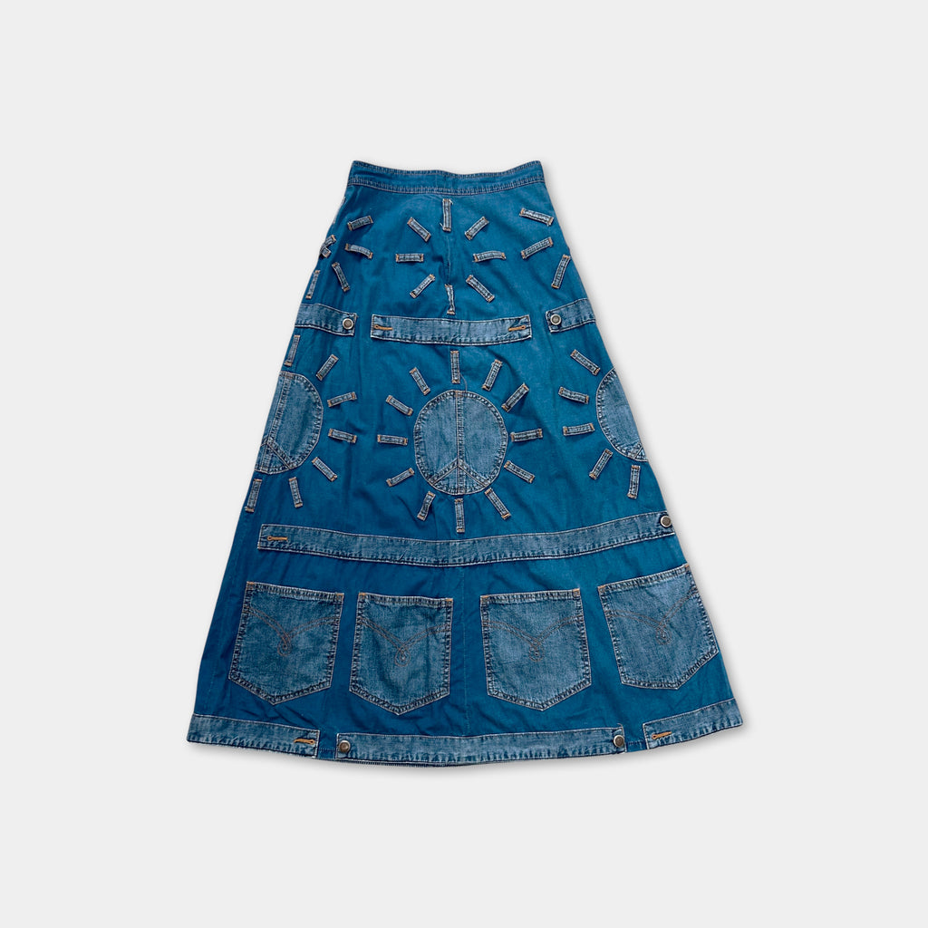 Moschino 1990s Sunburst Denim Patchwork Long Skirt