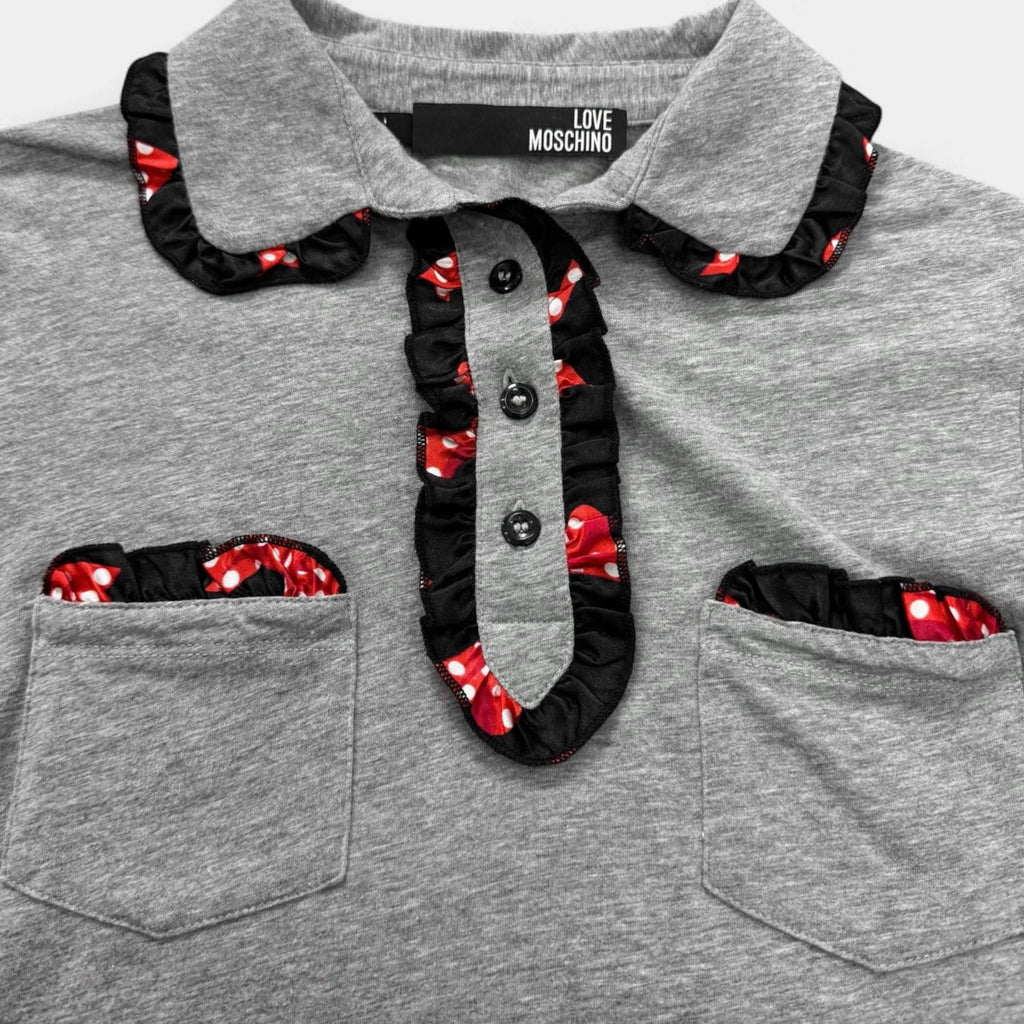 Love Moschino Grey Cotton Polo Shirt with Ruffled Flamenco Trim
