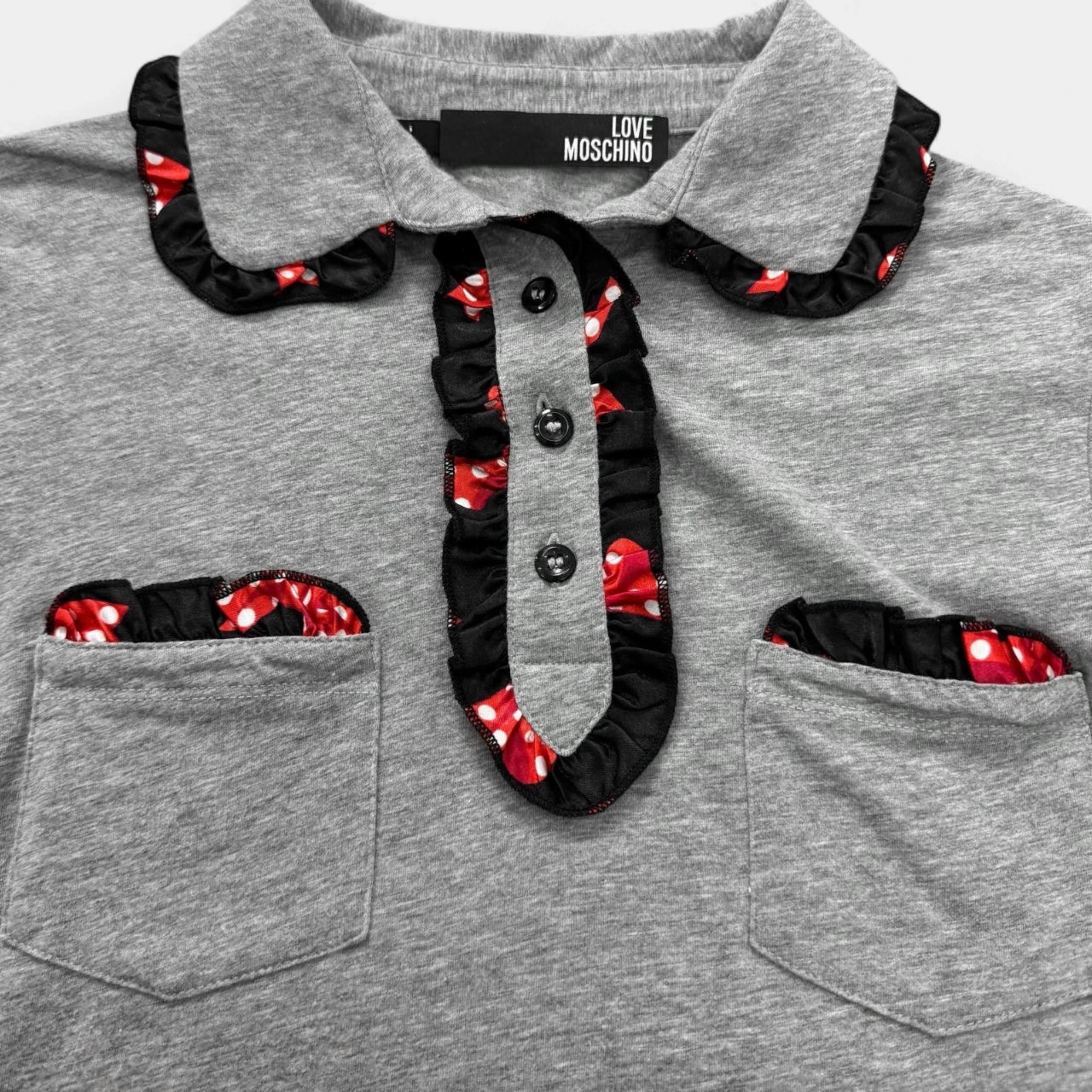 Love Moschino Grey Cotton Polo Shirt with Ruffled Flamenco Trim