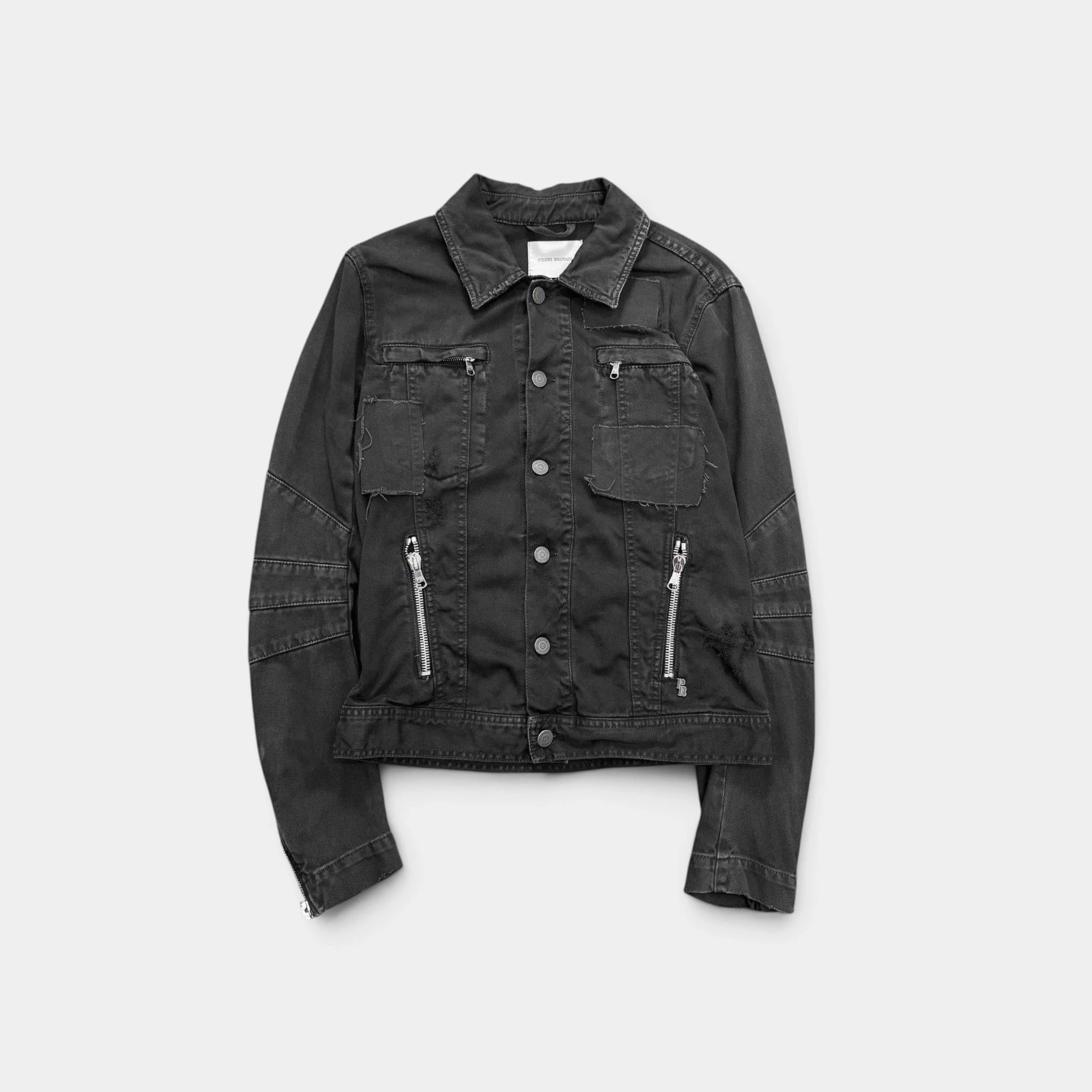 Pierre Balmain 2000s Distressed Black Denim Biker Jacket