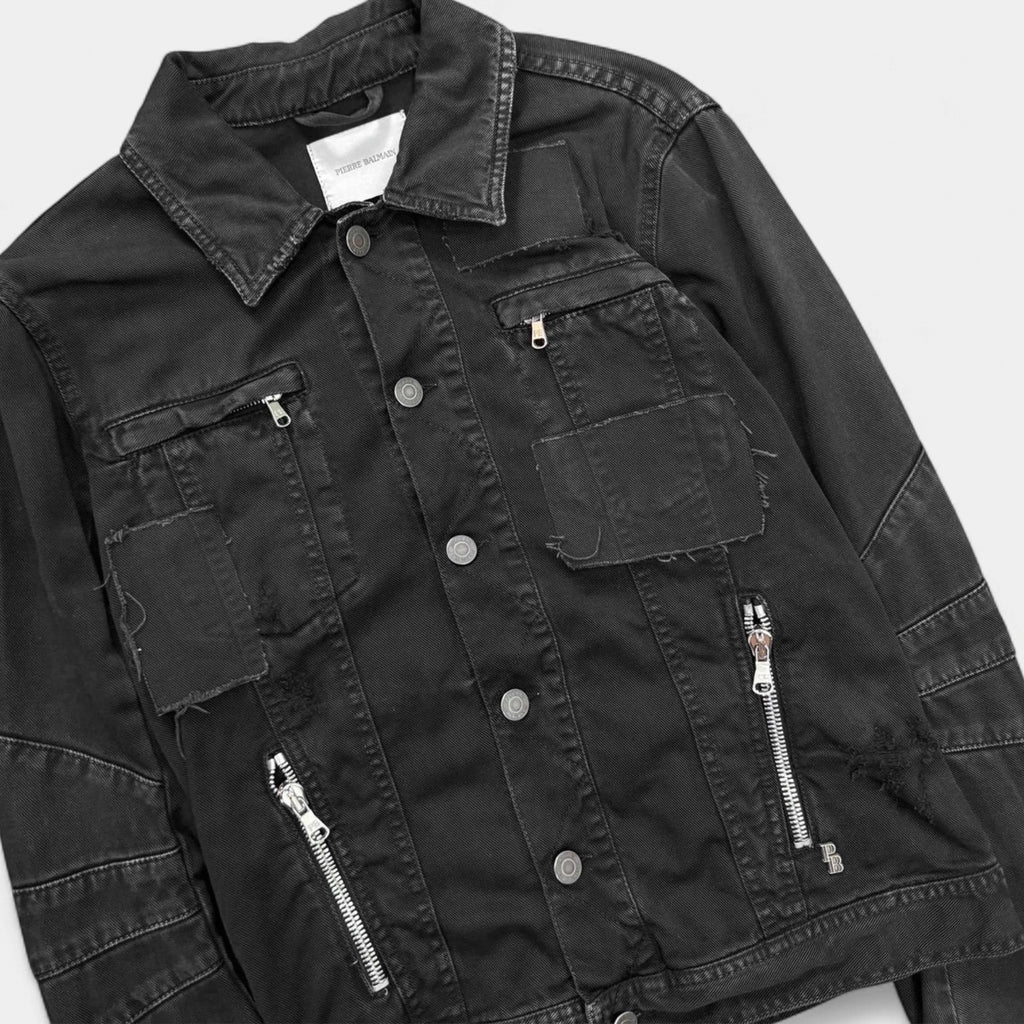 Pierre Balmain 2000s Distressed Black Denim Biker Jacket