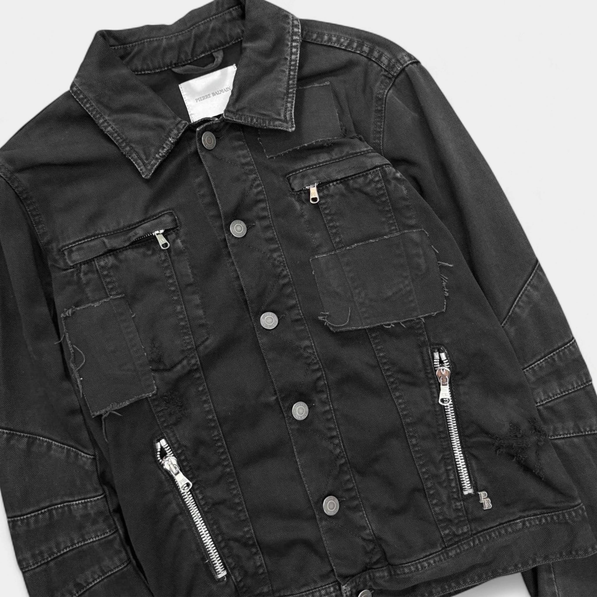 Pierre Balmain 2000s Distressed Black Denim Biker Jacket