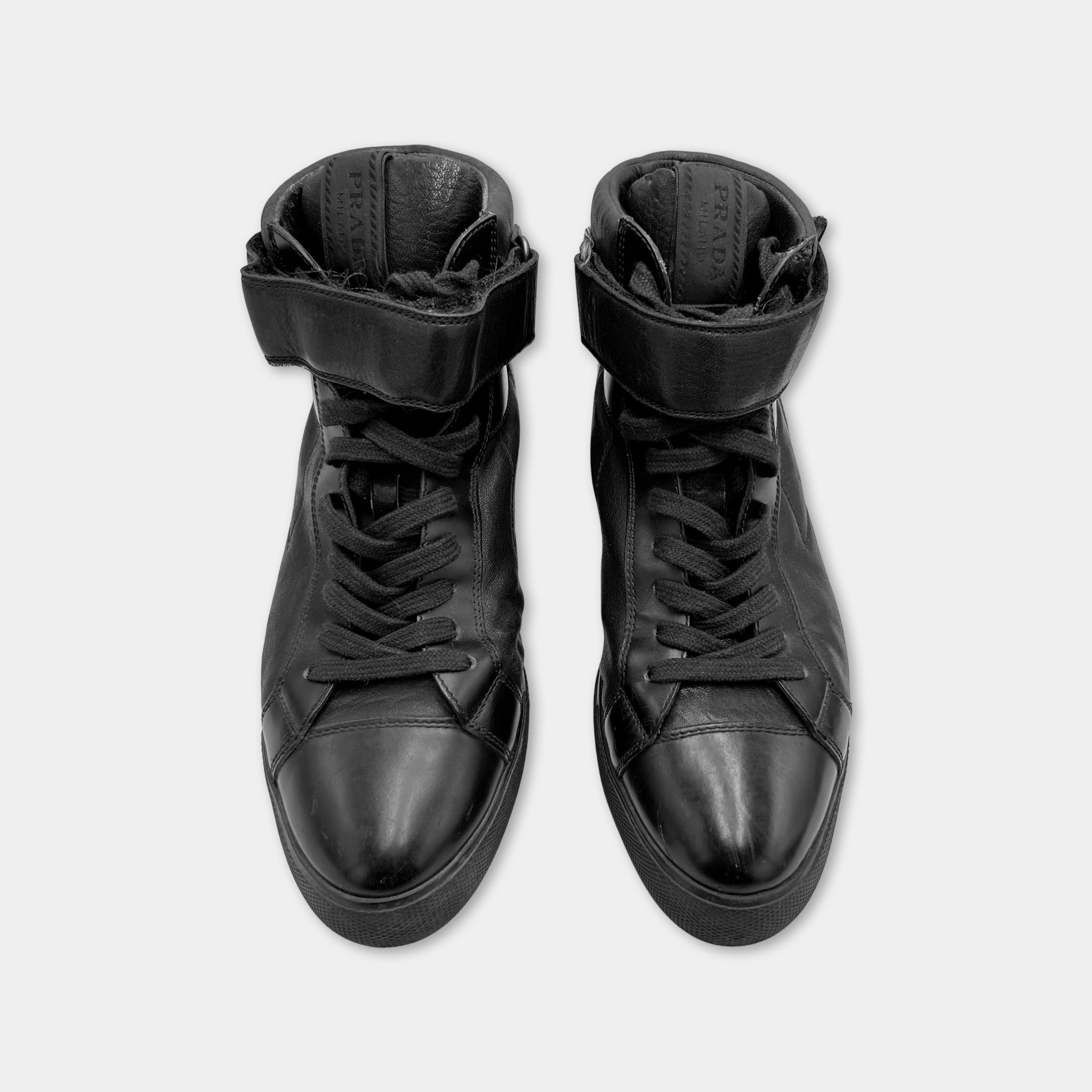 Prada Leather Black High Top Sneakers