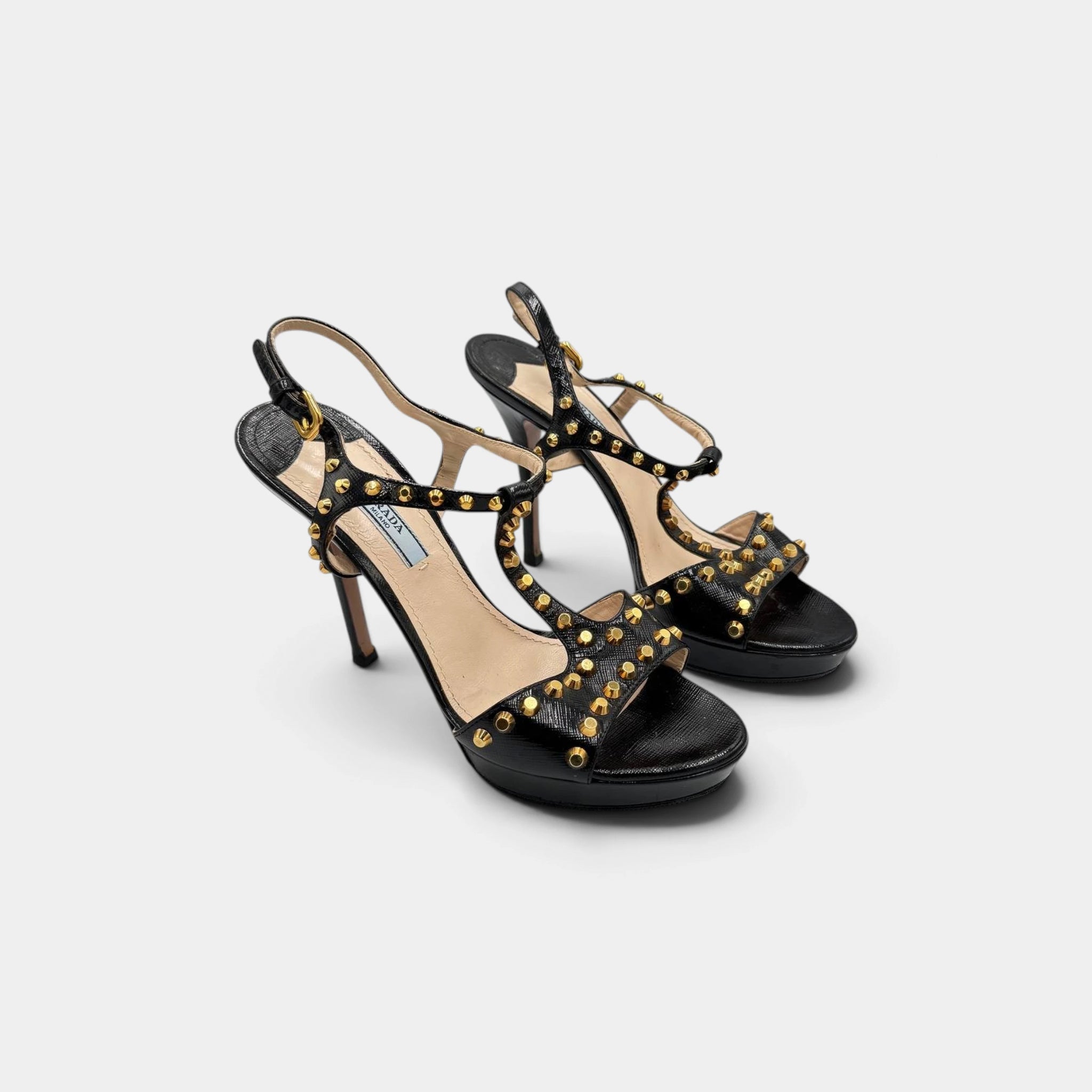 Prada 2010s Black Leather Gold Stud T-Strap Platform Sandals