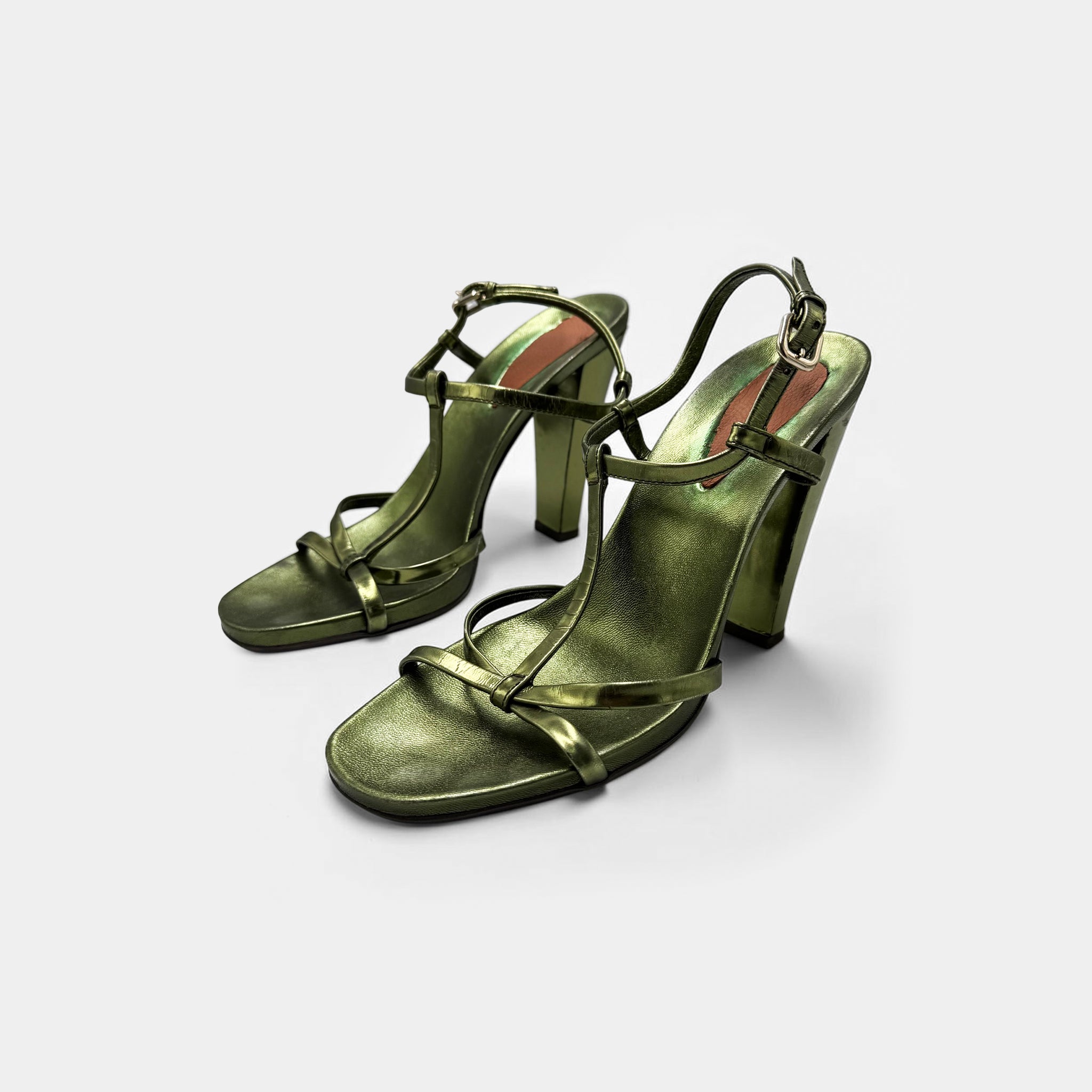 Prada Metallic Sage Green Strappy T-Strap Block Heel Sandals