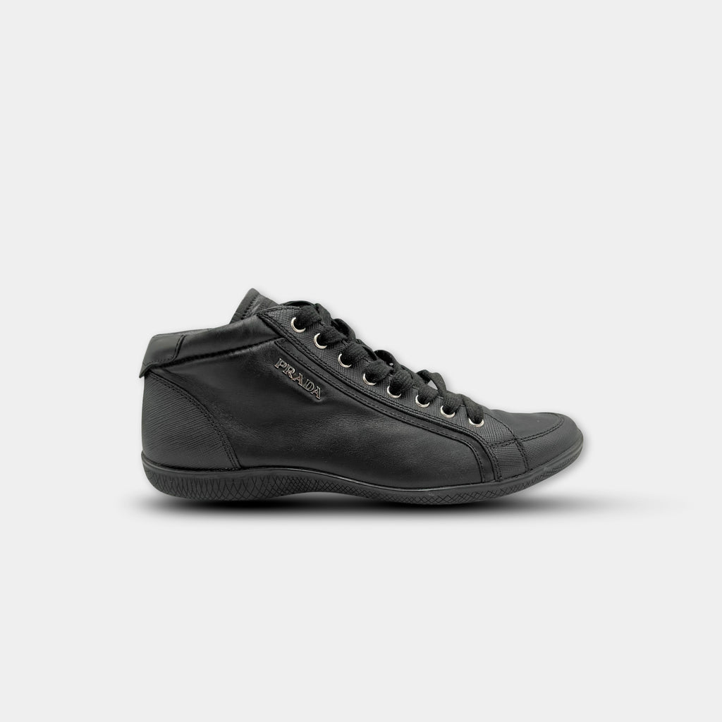 Prada 2000s Black Leather Mid-Height Sneakers