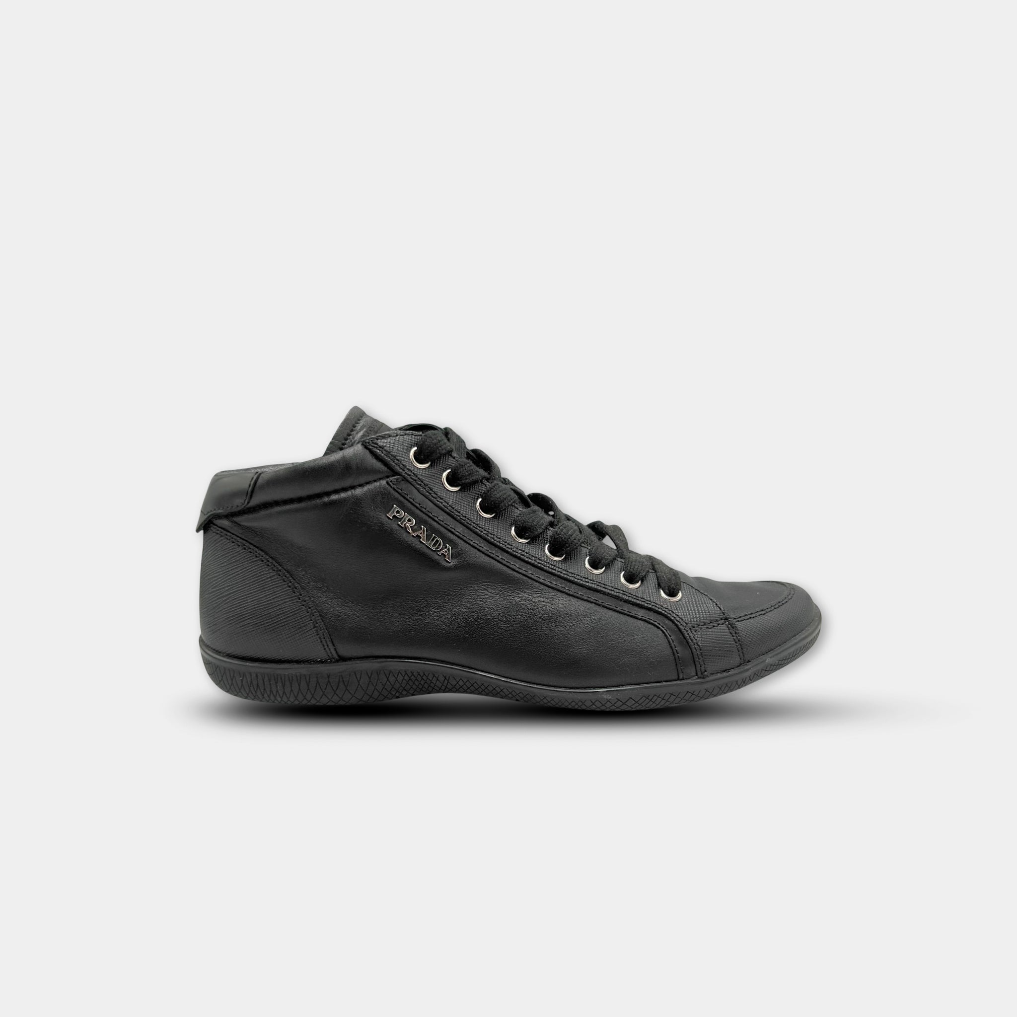 Prada 2000s Black Leather Mid-Height Sneakers