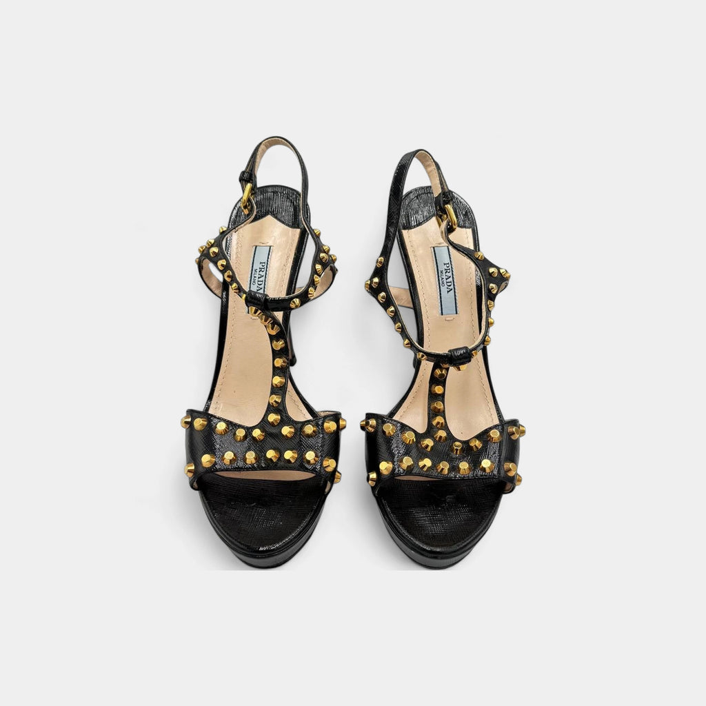 Prada 2010s Black Leather Gold Stud T-Strap Platform Sandals