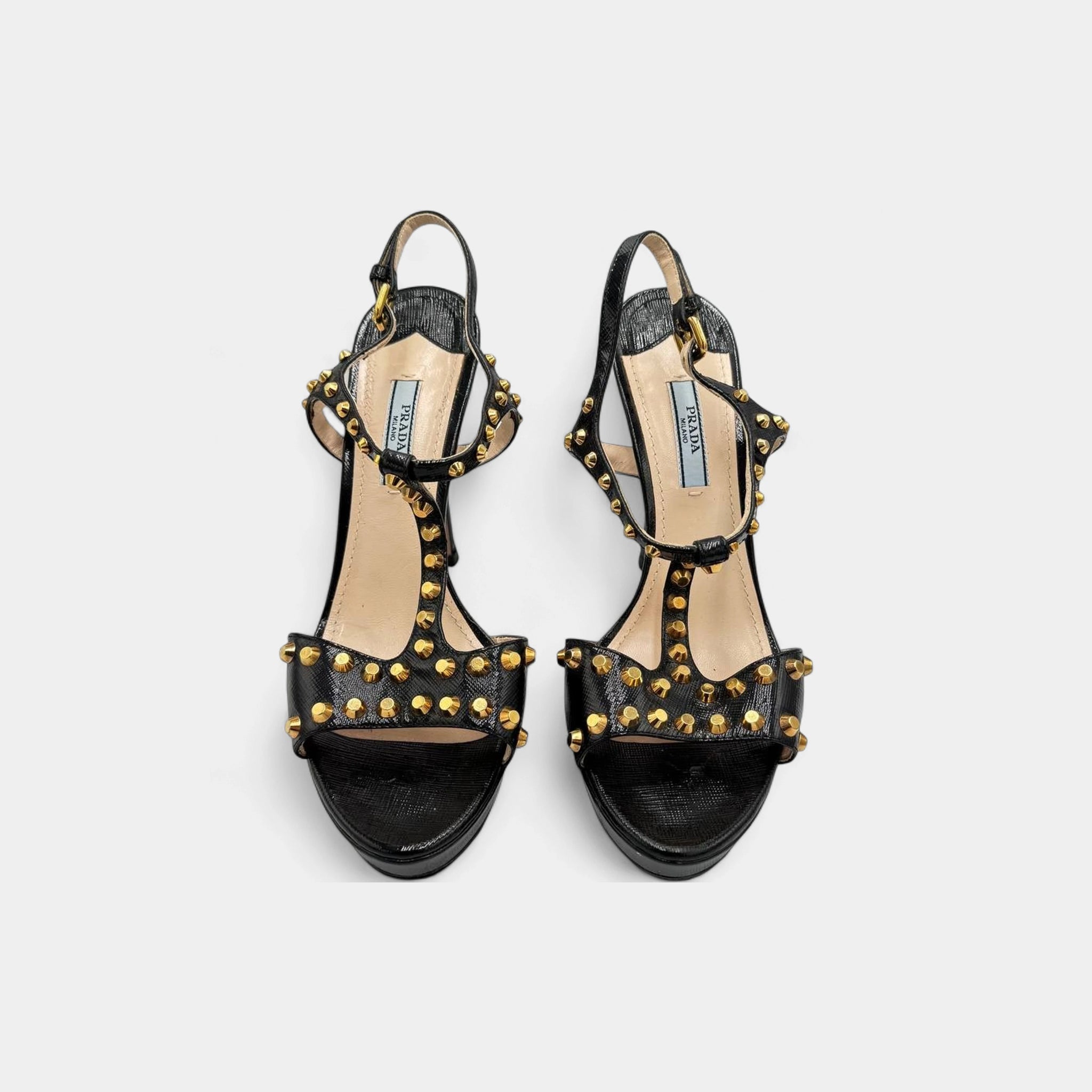Prada 2010s Black Leather Gold Stud T-Strap Platform Sandals