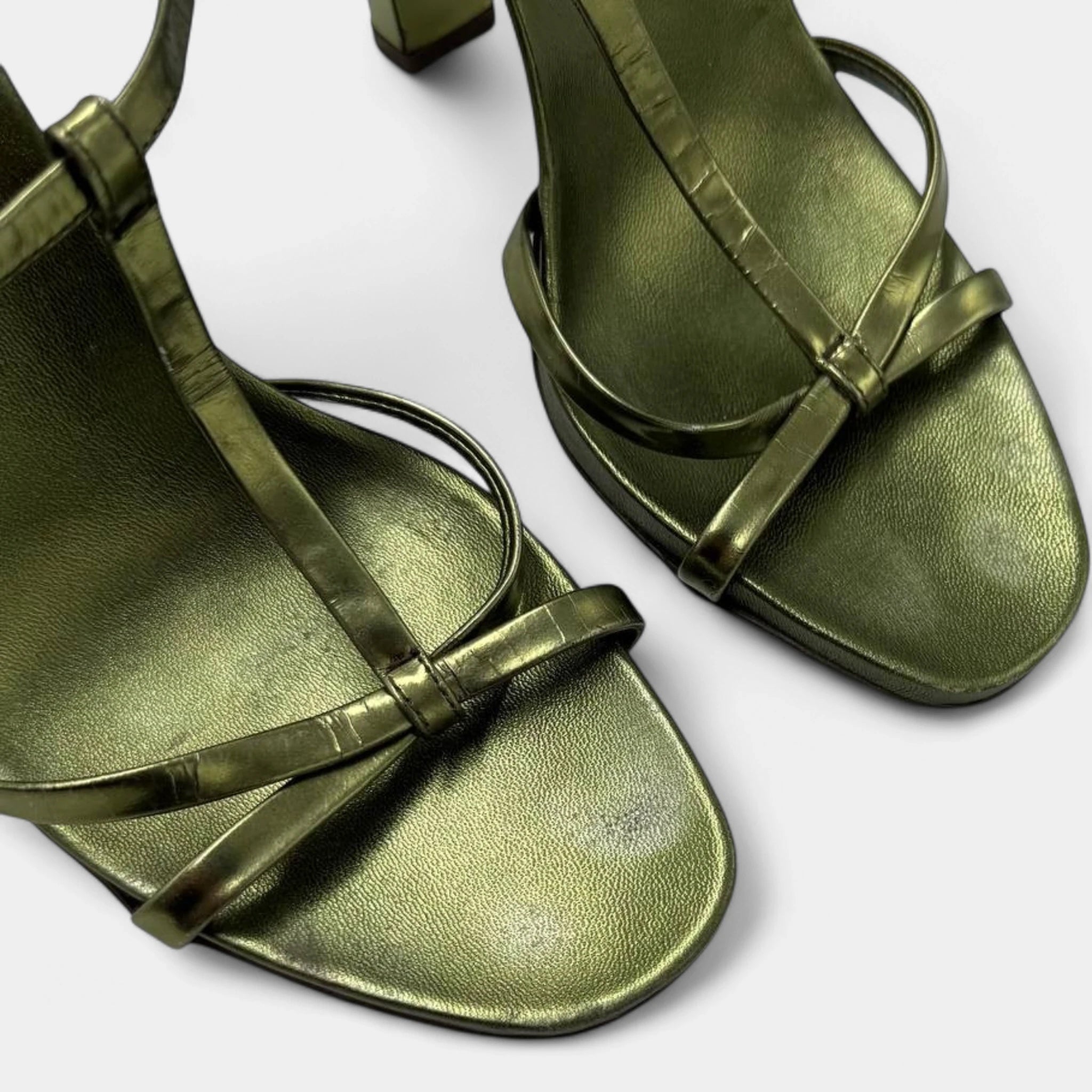 Prada Metallic Sage Green Strappy T-Strap Block Heel Sandals