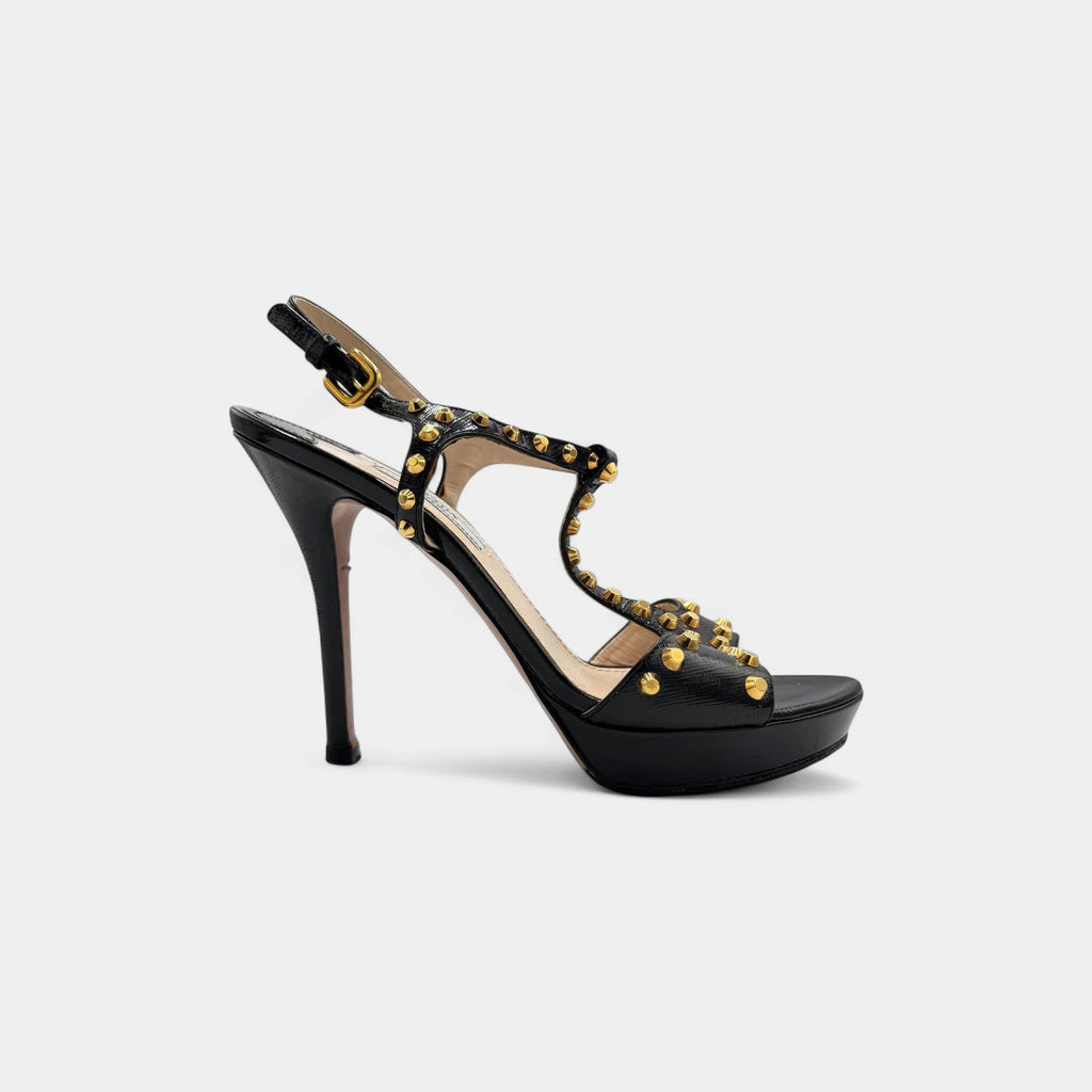 Prada 2010s Black Leather Gold Stud T-Strap Platform Sandals