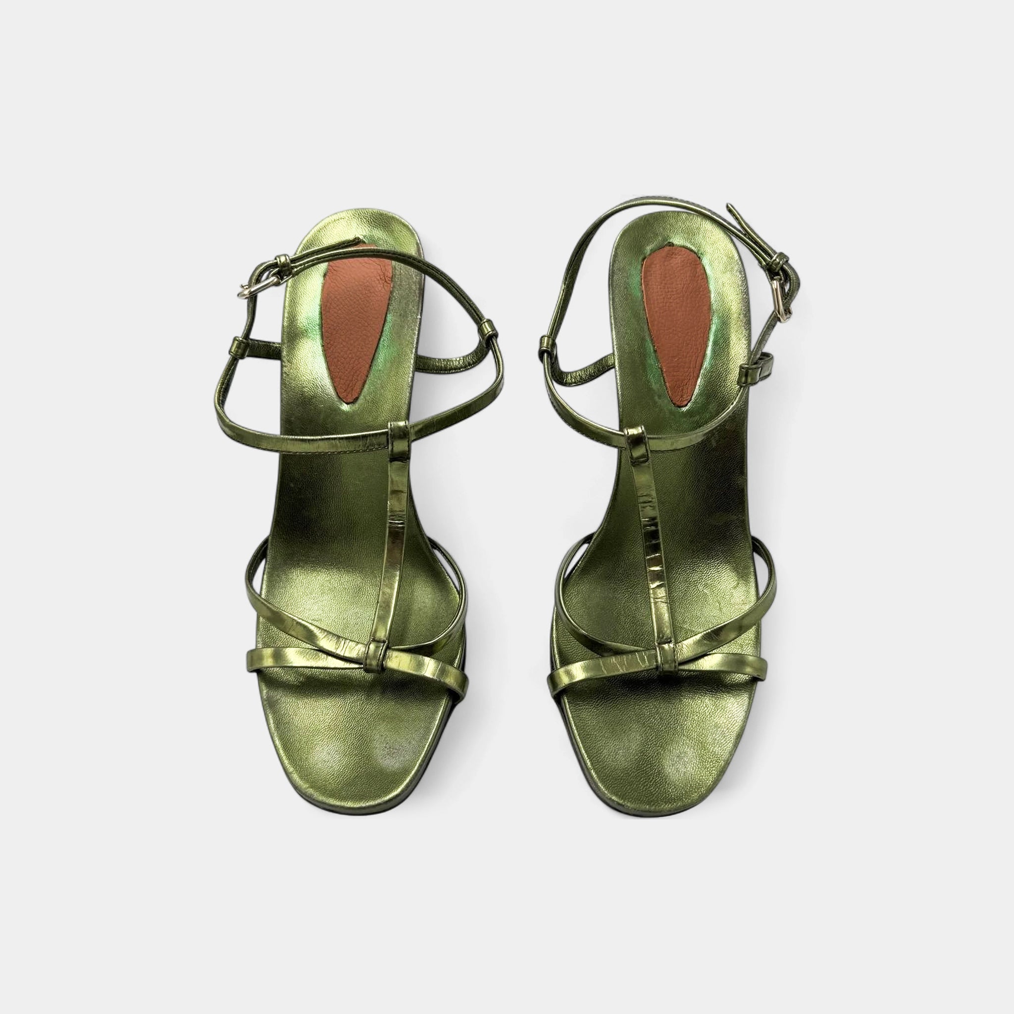 Prada Metallic Sage Green Strappy T-Strap Block Heel Sandals