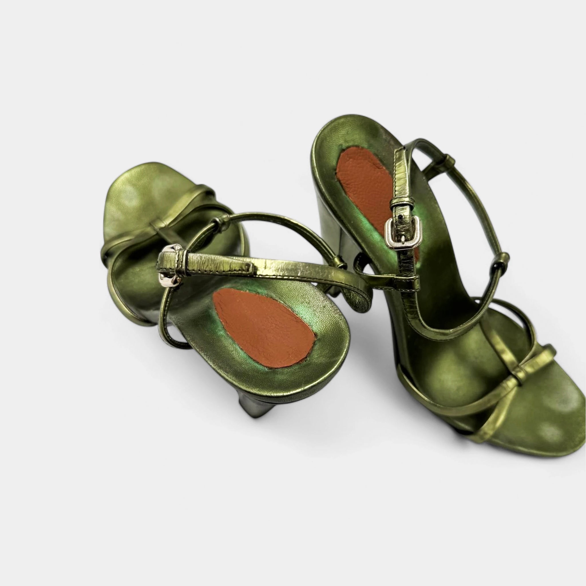 Prada Metallic Sage Green Strappy T-Strap Block Heel Sandals